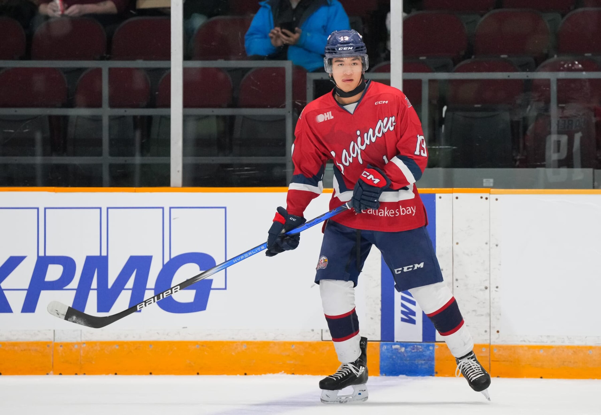 OTTAWA, CANADA - JANUARY 19: Zayne Parekh #19 of the Saginaw Spirit skates against the Ottawa 67's at The Arena at TD Place on January 19, 2024 in Ottawa, Ontario, Canada. (Photo by Chris Tanouye/Getty Images)