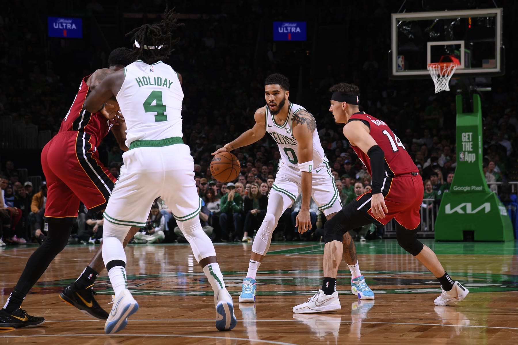 BOSTON, MA - APRIL 21: Jayson Tatum #0 of the Boston Celtics dribbles the ball during the game against the Miami Heat during Round 1 Game 1 of the 2024 NBA Playoffs on April 21, 2024 at the TD Garden in Boston, Massachusetts. NOTE TO USER: User expressly acknowledges and agrees that, by downloading and or using this photograph, User is consenting to the terms and conditions of the Getty Images License Agreement. Mandatory Copyright Notice: Copyright 2024 NBAE  (Photo by Brian Babineau/NBAE via Getty Images)