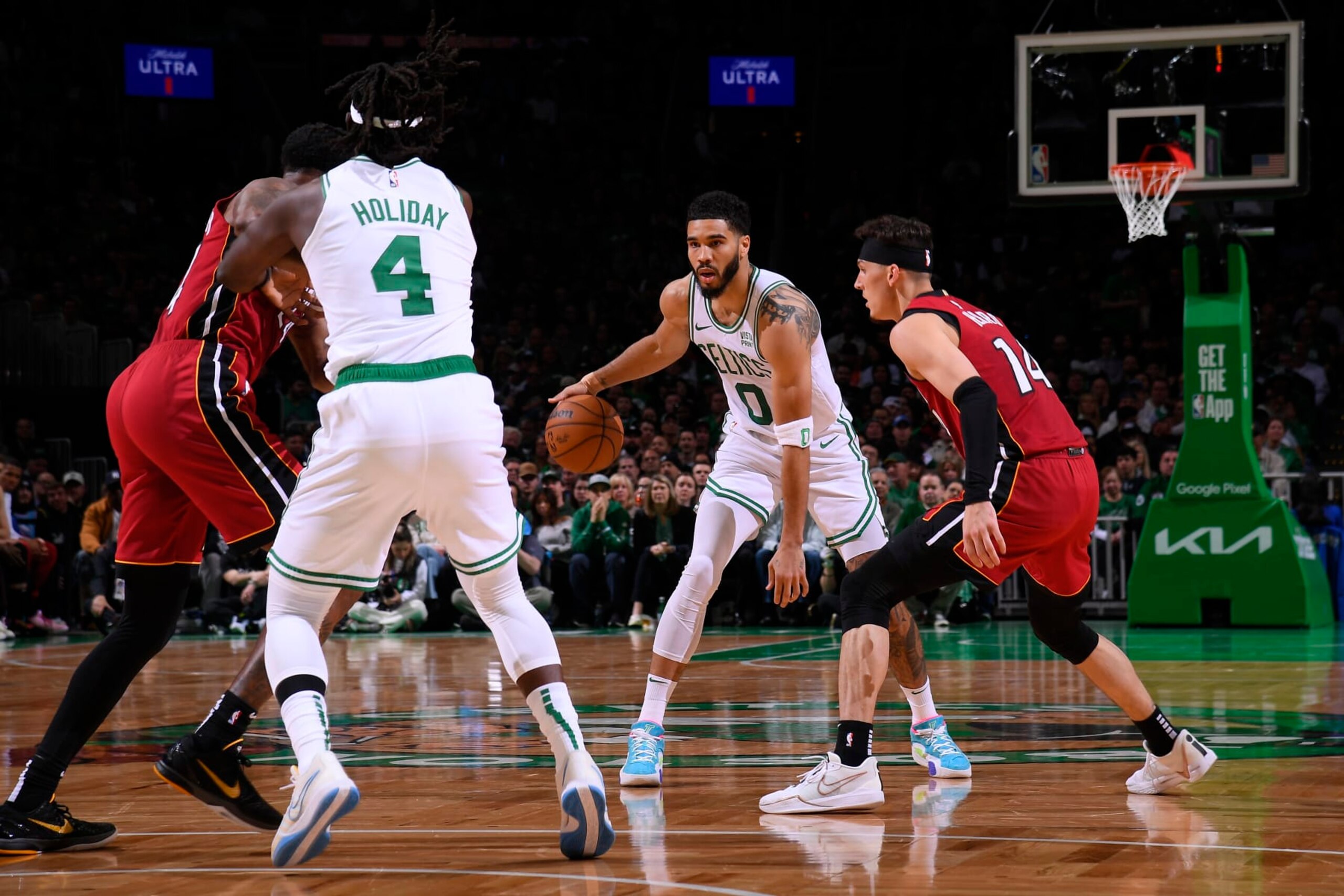 BOSTON, MA - APRIL 21: Jayson Tatum #0 of the Boston Celtics dribbles the ball during the game against the Miami Heat during Round 1 Game 1 of the 2024 NBA Playoffs on April 21, 2024 at the TD Garden in Boston, Massachusetts. NOTE TO USER: User expressly acknowledges and agrees that, by downloading and or using this photograph, User is consenting to the terms and conditions of the Getty Images License Agreement. Mandatory Copyright Notice: Copyright 2024 NBAE  (Photo by Brian Babineau/NBAE via Getty Images)