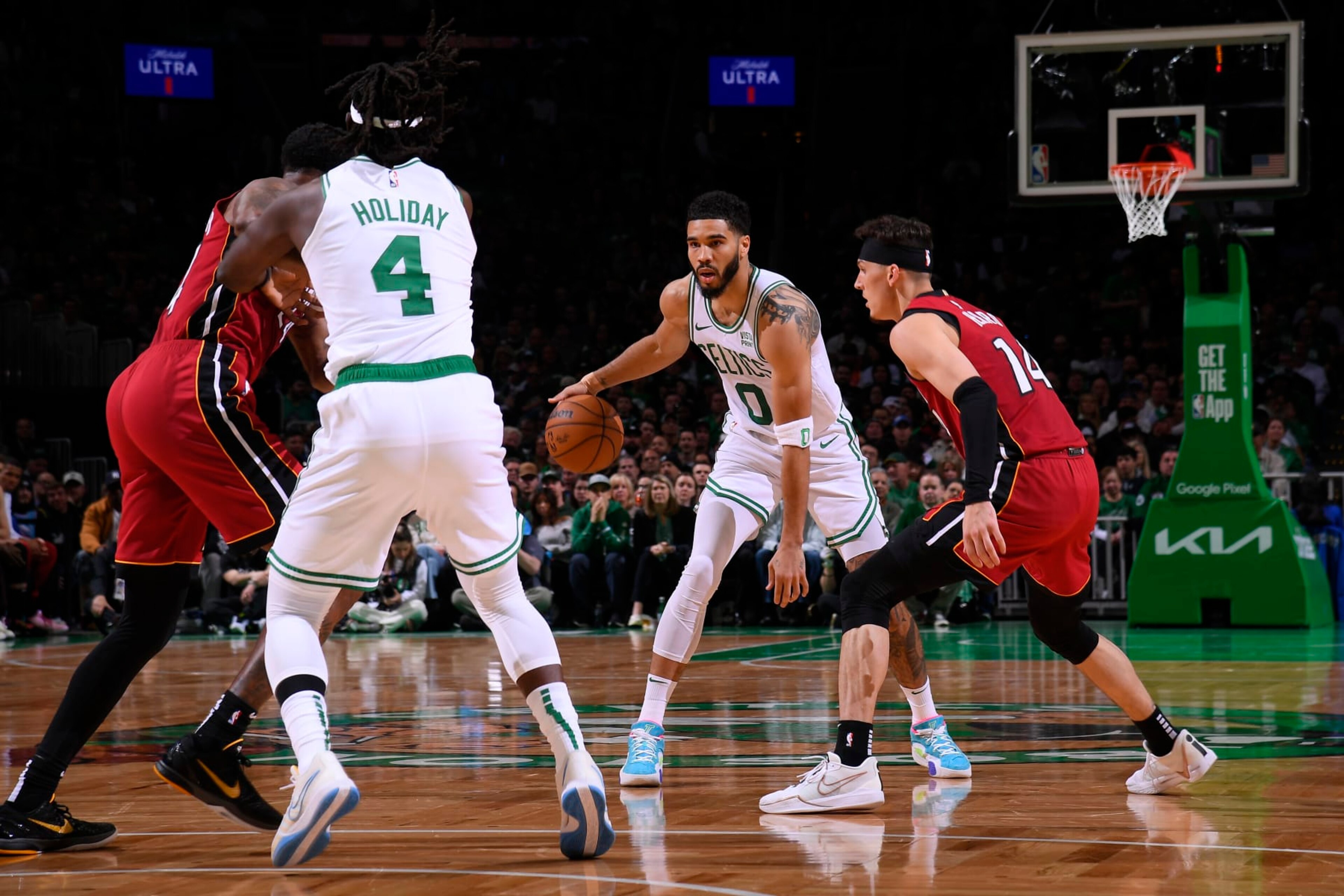 BOSTON, MA - APRIL 21: Jayson Tatum #0 of the Boston Celtics dribbles the ball during the game against the Miami Heat during Round 1 Game 1 of the 2024 NBA Playoffs on April 21, 2024 at the TD Garden in Boston, Massachusetts. NOTE TO USER: User expressly acknowledges and agrees that, by downloading and or using this photograph, User is consenting to the terms and conditions of the Getty Images License Agreement. Mandatory Copyright Notice: Copyright 2024 NBAE  (Photo by Brian Babineau/NBAE via Getty Images)