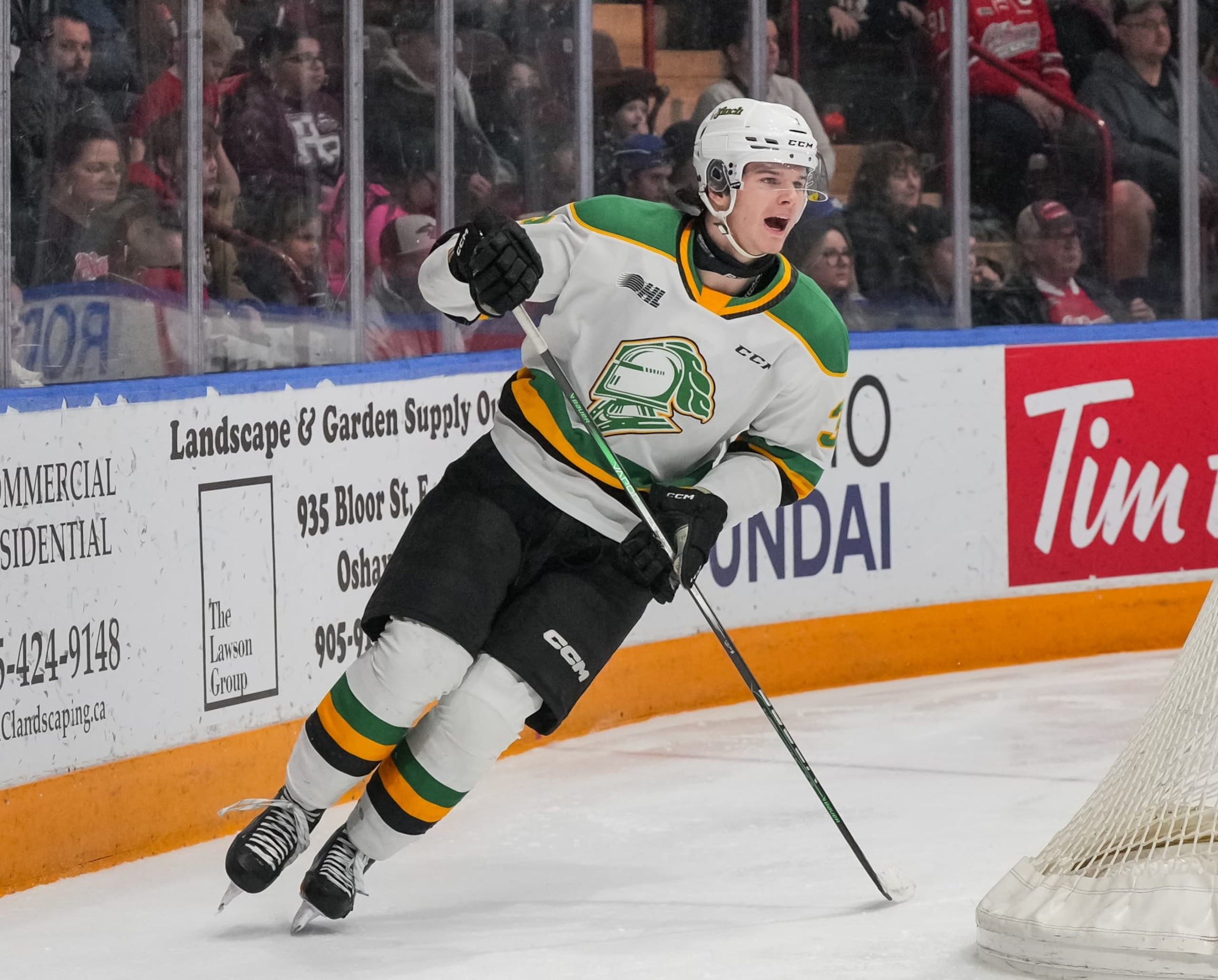 OSHAWA, CANADA - FEBRUARY 11: Sam Dickinson #3 of the London Knights skates against the Oshawa Generals at Tribute Communities Centre on February 11, 2024 in Oshawa, Ontario, Canada. (Photo by Chris Tanouye/Getty Images)