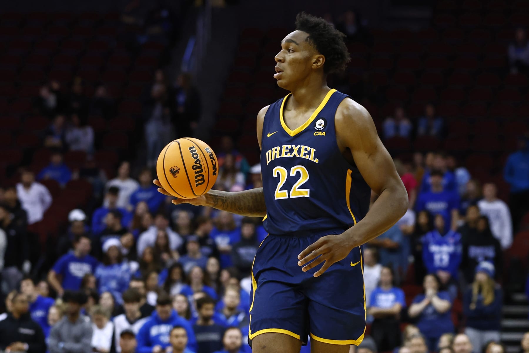NEWARK, NJ - DECEMBER 14: Amari Williams #22 of the Drexel Dragons in action against the Seton Hall Pirates during a game at Prudential Center on December 14, 2022 in Newark, New Jersey. Seton Hall defeated Drexel 66-49. (Photo by Rich Schultz/Getty Images)