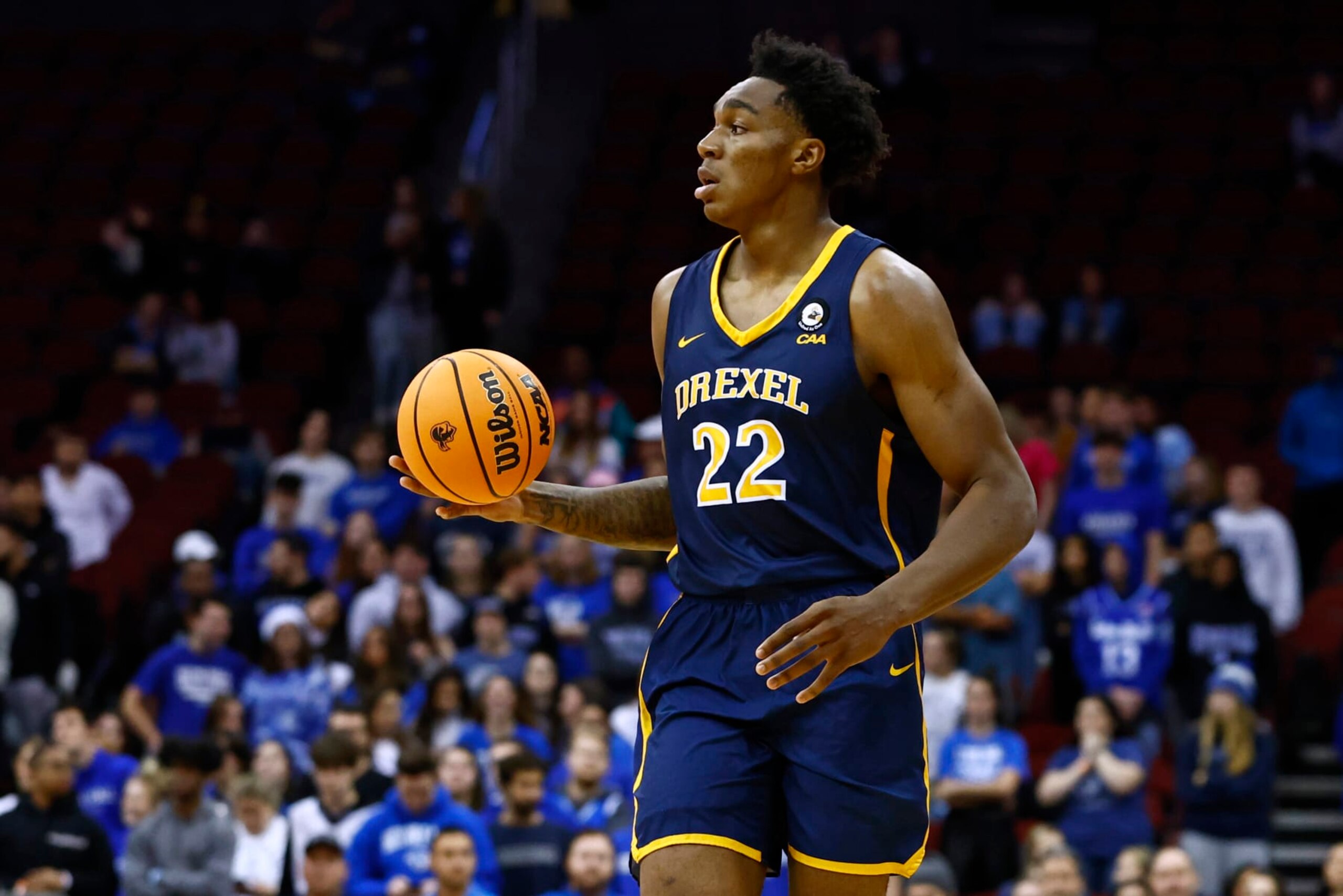 NEWARK, NJ - DECEMBER 14: Amari Williams #22 of the Drexel Dragons in action against the Seton Hall Pirates during a game at Prudential Center on December 14, 2022 in Newark, New Jersey. Seton Hall defeated Drexel 66-49. (Photo by Rich Schultz/Getty Images)