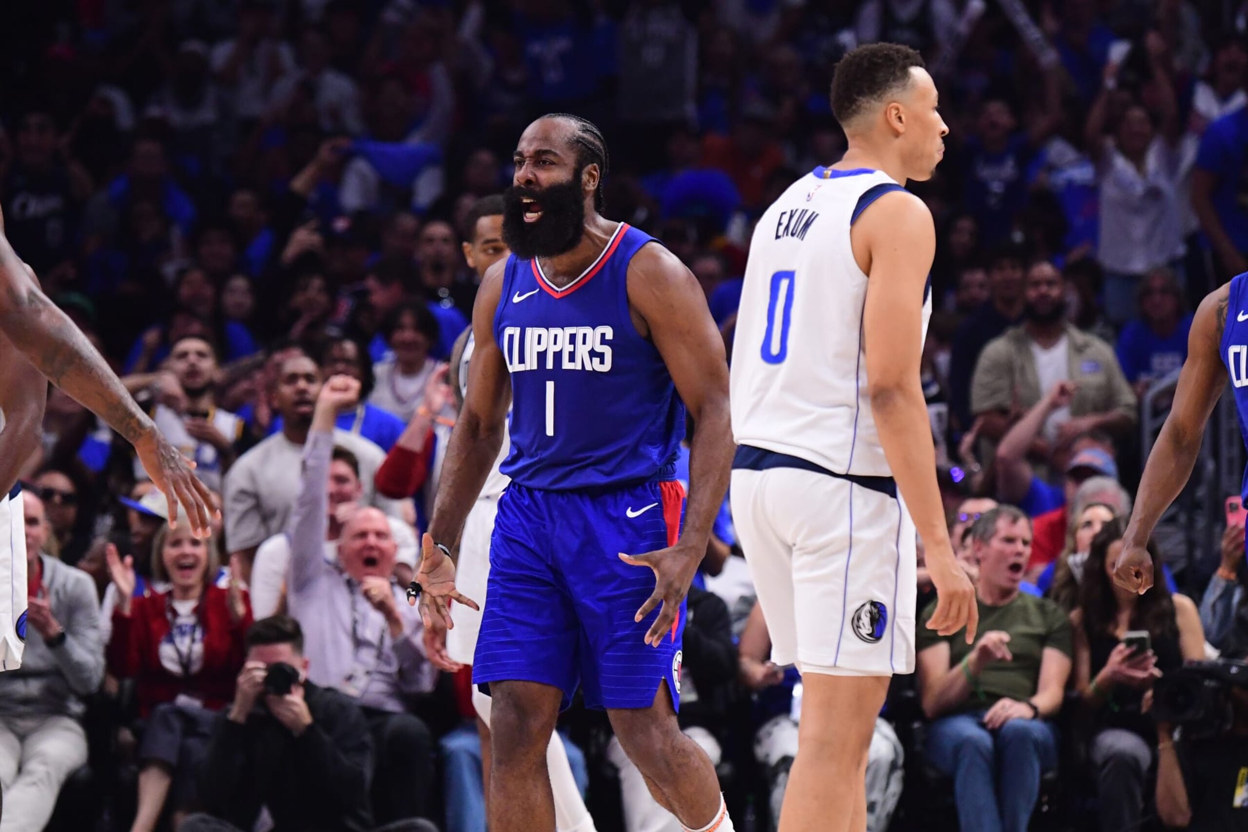 LOS ANGELES, CA - APRIL 21:  James Harden #1 of the LA Clippers reacts again the Dallas Mavericks during Round 1 Game 1 of the 2024 NBA Playoffs on April 21, 2024 at Crypto.Com Arena in Los Angeles, California. NOTE TO USER: User expressly acknowledges and agrees that, by downloading and/or using this Photograph, user is consenting to the terms and conditions of the Getty Images License Agreement. Mandatory Copyright Notice: Copyright 2024 NBAE (Photo by Adam Pantozzi/NBAE via Getty Images)