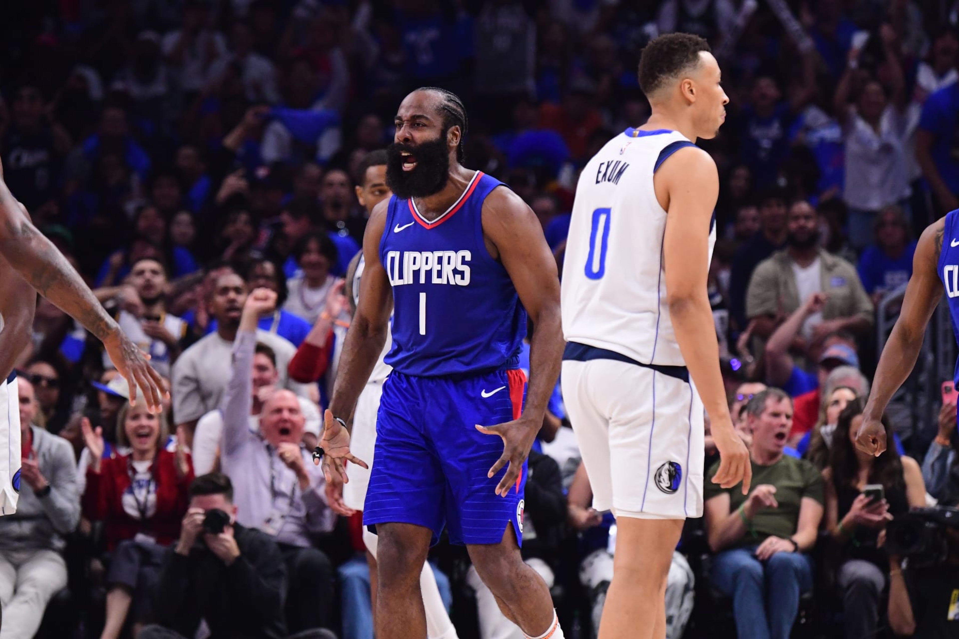 LOS ANGELES, CA - APRIL 21:  James Harden #1 of the LA Clippers reacts again the Dallas Mavericks during Round 1 Game 1 of the 2024 NBA Playoffs on April 21, 2024 at Crypto.Com Arena in Los Angeles, California. NOTE TO USER: User expressly acknowledges and agrees that, by downloading and/or using this Photograph, user is consenting to the terms and conditions of the Getty Images License Agreement. Mandatory Copyright Notice: Copyright 2024 NBAE (Photo by Adam Pantozzi/NBAE via Getty Images)