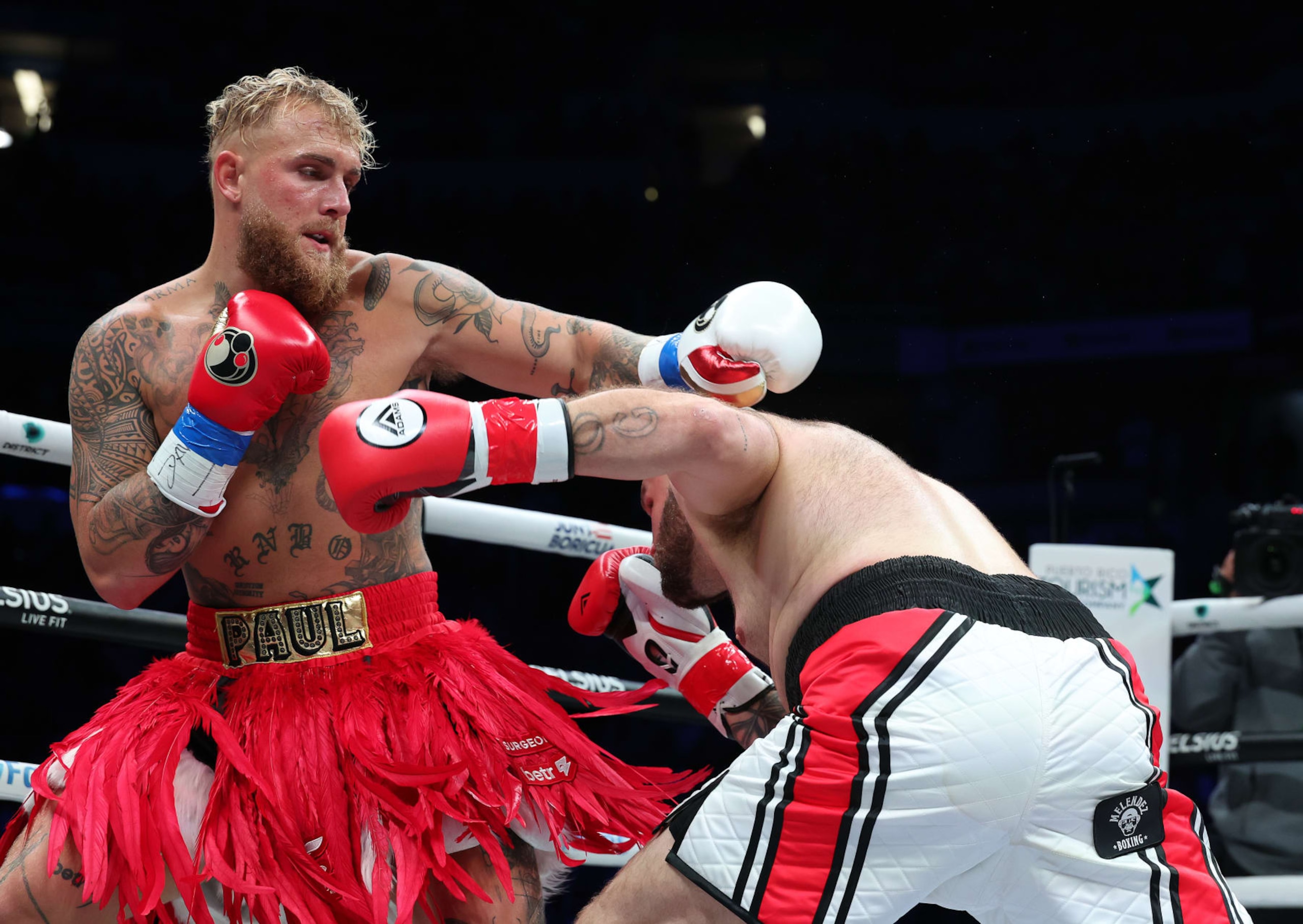 HATO REY, PUERTO RICO - MARCH 02:  Jake Paul punches Ryan Bourland during their cruiserweight fight at Coliseo de Puerto Rico on March 02, 2024 in Hato Rey, Puerto Rico.  (Photo by Al Bello/Getty Images)