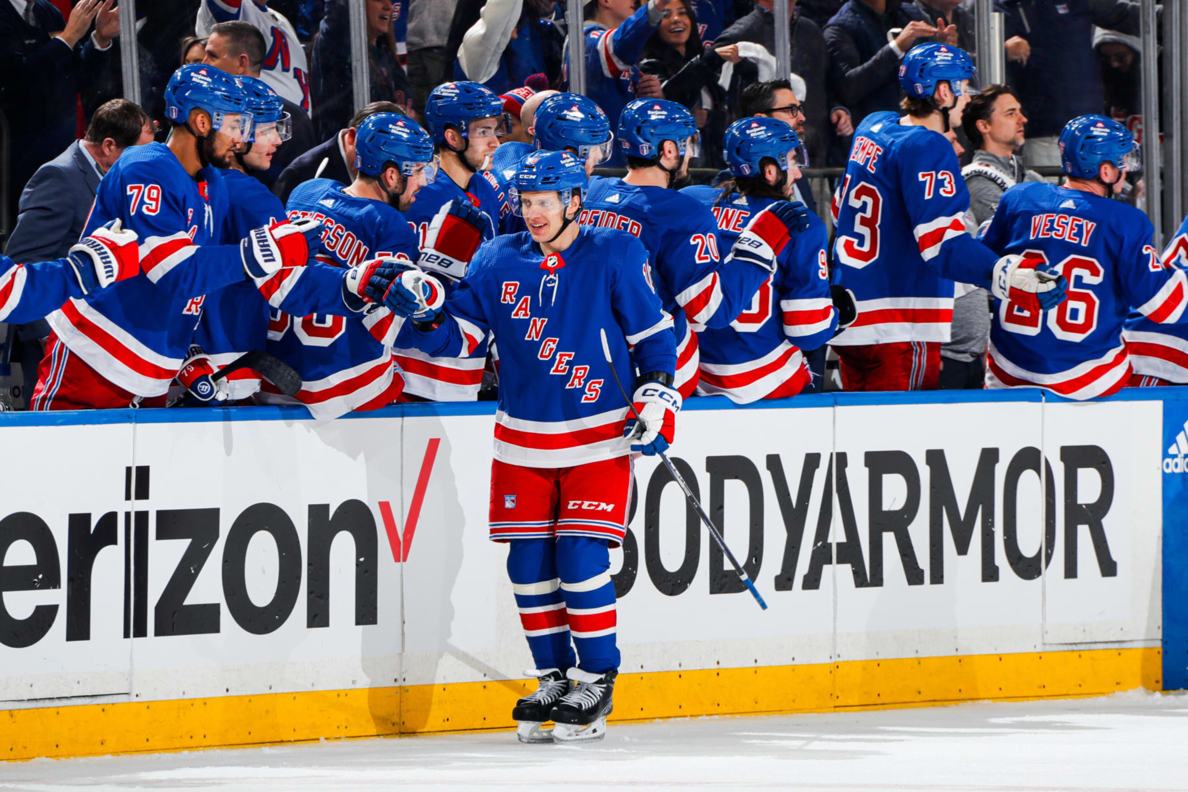 NEW YORK, NEW YORK - APRIL 21: Artemi Panarin #10 of the New York Rangers celebrates with teammates after scoring a goal in the second period against the Washington Capitals in Game One of the First Round of the 2024 Stanley Cup Playoffs at Madison Square Garden on April 21, 2024 in New York City. (Photo by Jared Silber/NHLI via Getty Images) NEW YORK, NEW YORK - APRIL 21: Artemi Panarin #10 of the New York Rangers celebrates with teammates after scoring a goal in the second period against the Washington Capitals in Game One of the First Round of the 2024 Stanley Cup Playoffs at Madison Square Garden on April 21, 2024 in New York City. (Photo by Jared Silber/NHLI via Getty Images)
