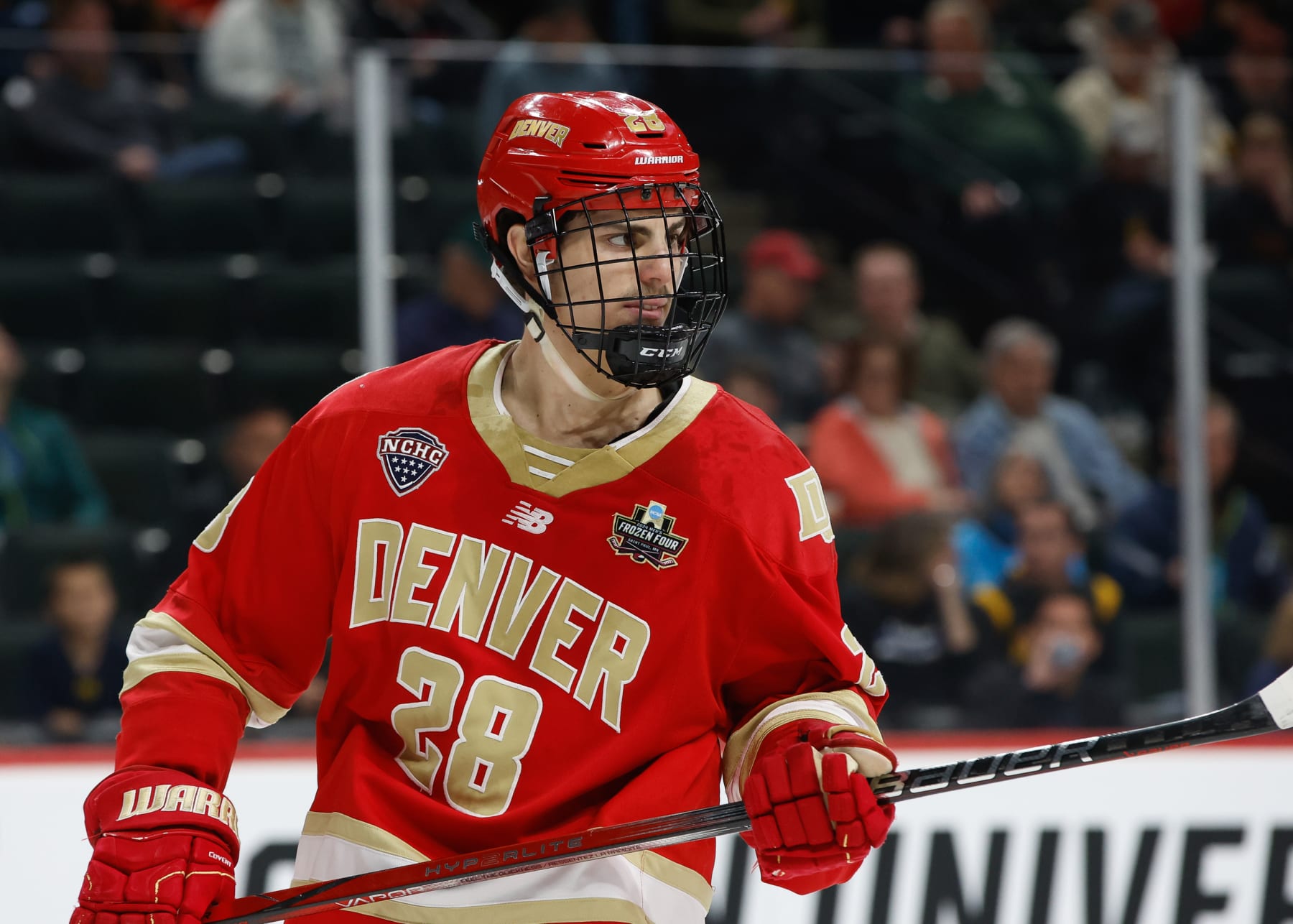 ST. PAUL, MINNESOTA - APRIL 11: Zeev Buium #28 of the Denver Pioneers skates against the Boston University Terriers in the first period during the NCAA Mens Hockey Frozen Four semifinal at the Xcel Energy Center on April 11, 2024 in St. Paul, Minnesota. The Pioneers won 2-1 in overtime. (Photo by Richard T Gagnon/Getty Images)