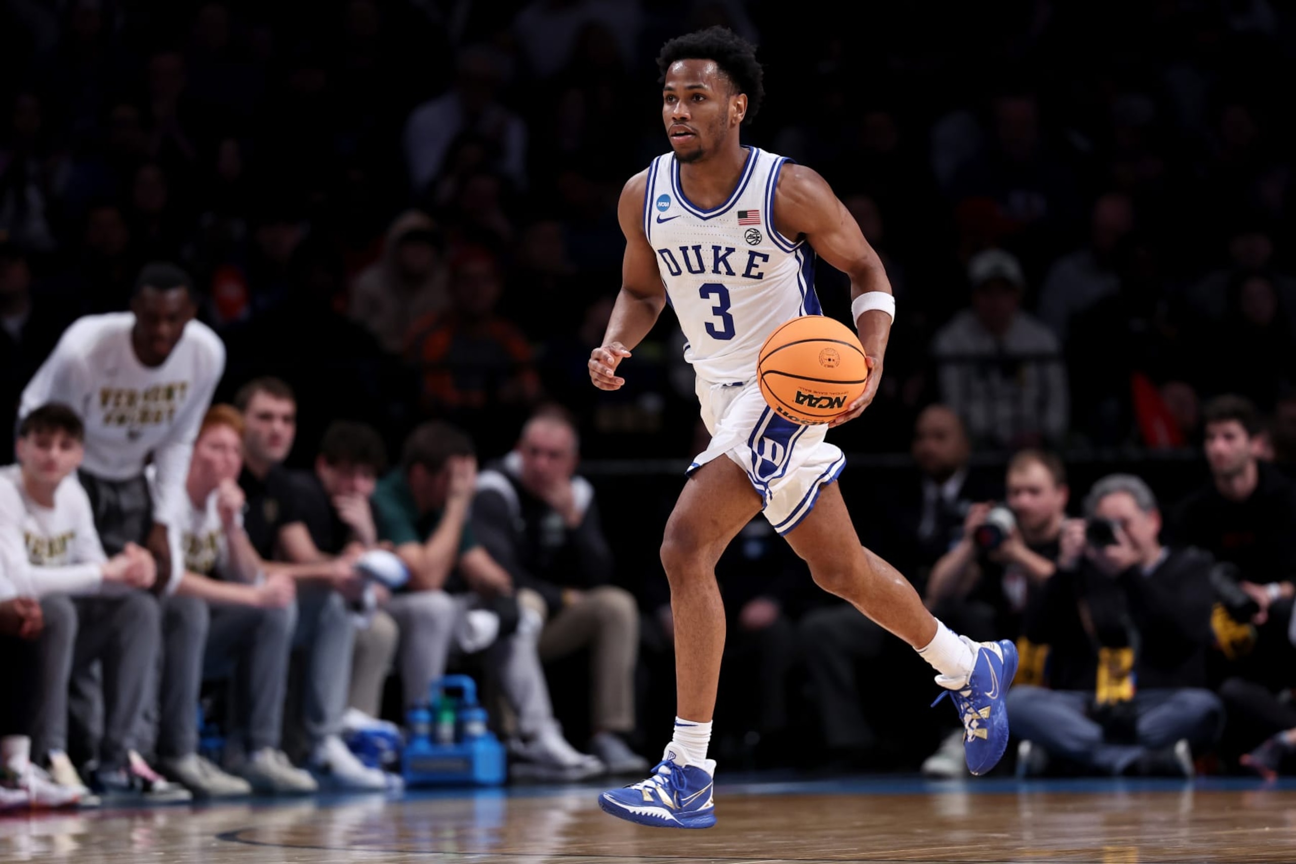 NEW YORK, NEW YORK - MARCH 22: Jeremy Roach #3 of the Duke Blue Devils dribbles against the Vermont Catamounts during the first round of the 2024 NCAA Men's Basketball Tournament held at Barclays Center on March 22, 2024 in New York City. (Photo by Dustin Satloff/NCAA Photos via Getty Images) NEW YORK, NEW YORK - MARCH 22: Jeremy Roach #3 of the Duke Blue Devils dribbles against the Vermont Catamounts during the first round of the 2024 NCAA Men's Basketball Tournament held at Barclays Center on March 22, 2024 in New York City. (Photo by Dustin Satloff/NCAA Photos via Getty Images)
