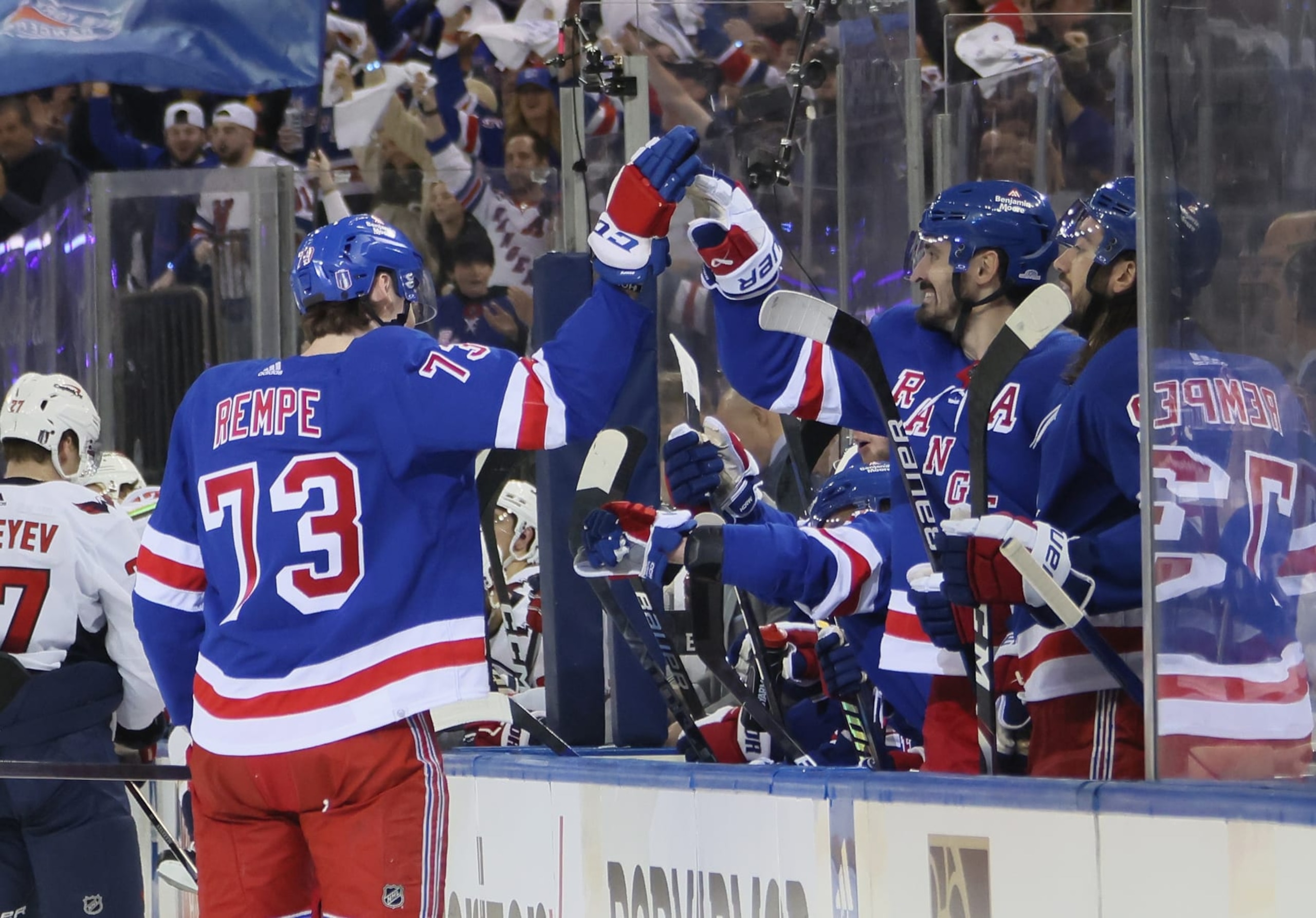 NEW YORK, NEW YORK - APRIL 21: Matt Rempe #73 of the New York Rangers celebrates his second period goal against the Washington Capitals in Game One of the First Round of the 2024 Stanley Cup Playoffs at Madison Square Garden on April 21, 2024 in New York City.  (Photo by Bruce Bennett/Getty Images)