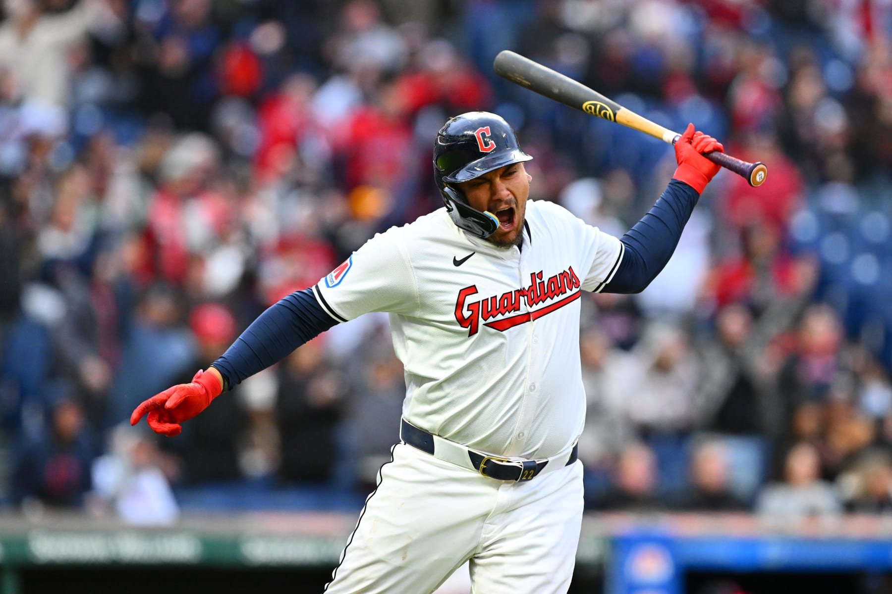 CLEVELAND, OHIO - APRIL 20: Josh Naylor #22 of the Cleveland Guardians celebrates as he rounds the bases after hitting a two run homer during the fifth inning against the Oakland Athletics at Progressive Field on April 20, 2024 in Cleveland, Ohio. (Photo by Jason Miller/Getty Images)