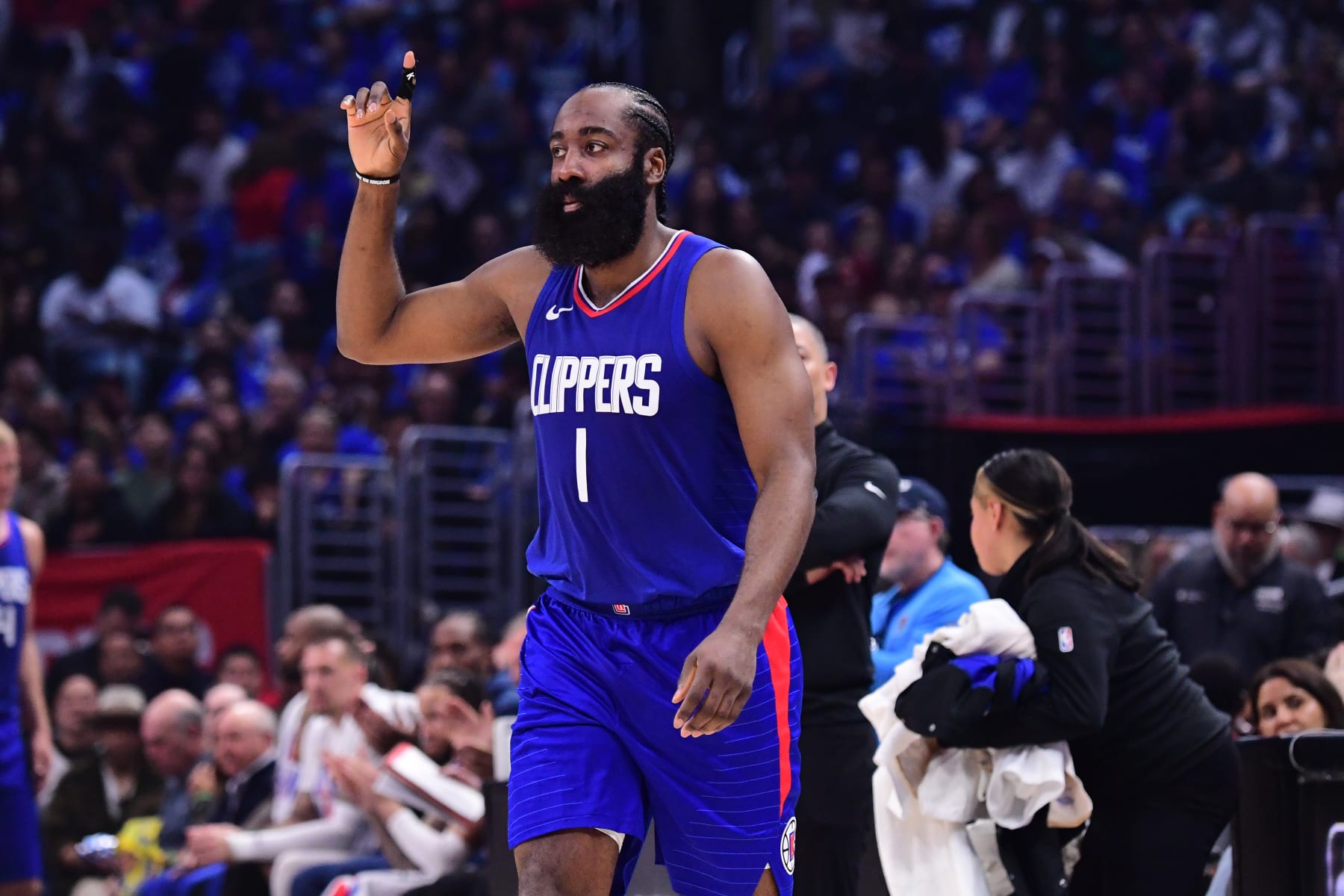 LOS ANGELES, CA - APRIL 21:  James Harden #1 of the LA Clippers reacts again the Dallas Mavericks during Round 1 Game 1 of the 2024 NBA Playoffs on April 21, 2024 at Crypto.Com Arena in Los Angeles, California. NOTE TO USER: User expressly acknowledges and agrees that, by downloading and/or using this Photograph, user is consenting to the terms and conditions of the Getty Images License Agreement. Mandatory Copyright Notice: Copyright 2024 NBAE (Photo by Adam Pantozzi/NBAE via Getty Images)
