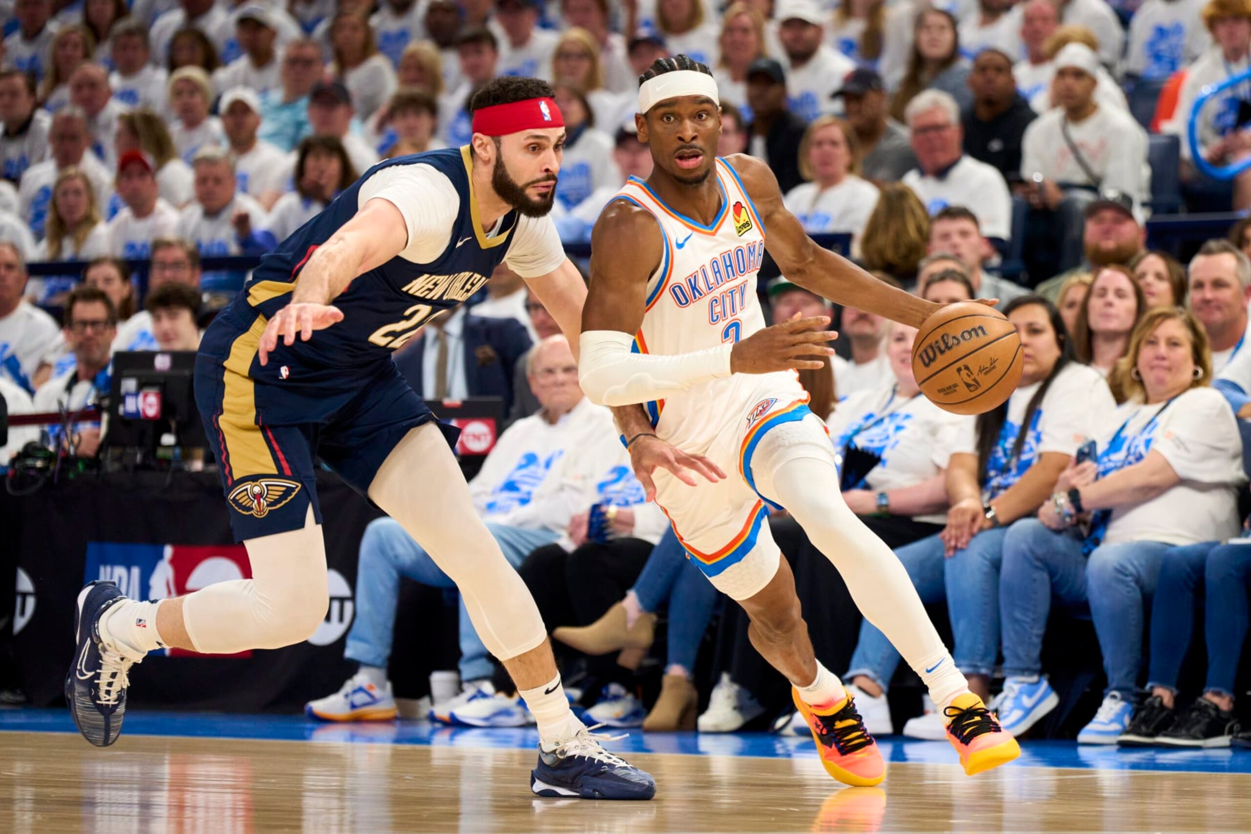 OKLAHOMA CITY, OKLAHOMA - APRIL 21: Shai Gilgeous-Alexander #2 of the Oklahoma City Thunder brings the ball up court against the New Orleans Pelicans during the first half in game one of the Western Conference First Round Playoffs at the Paycom Center on April 21, 2024 in Oklahoma City, Oklahoma. NOTE TO USER: User expressly acknowledges and agrees that, by downloading and or using this photograph, User is consenting to the terms and conditions of the Getty Images License Agreement. (Photo by Cooper Neill/Getty Images) OKLAHOMA CITY, OKLAHOMA - APRIL 21: Shai Gilgeous-Alexander #2 of the Oklahoma City Thunder brings the ball up court against the New Orleans Pelicans during the first half in game one of the Western Conference First Round Playoffs at the Paycom Center on April 21, 2024 in Oklahoma City, Oklahoma. NOTE TO USER: User expressly acknowledges and agrees that, by downloading and or using this photograph, User is consenting to the terms and conditions of the Getty Images License Agreement. (Photo by Cooper Neill/Getty Images)