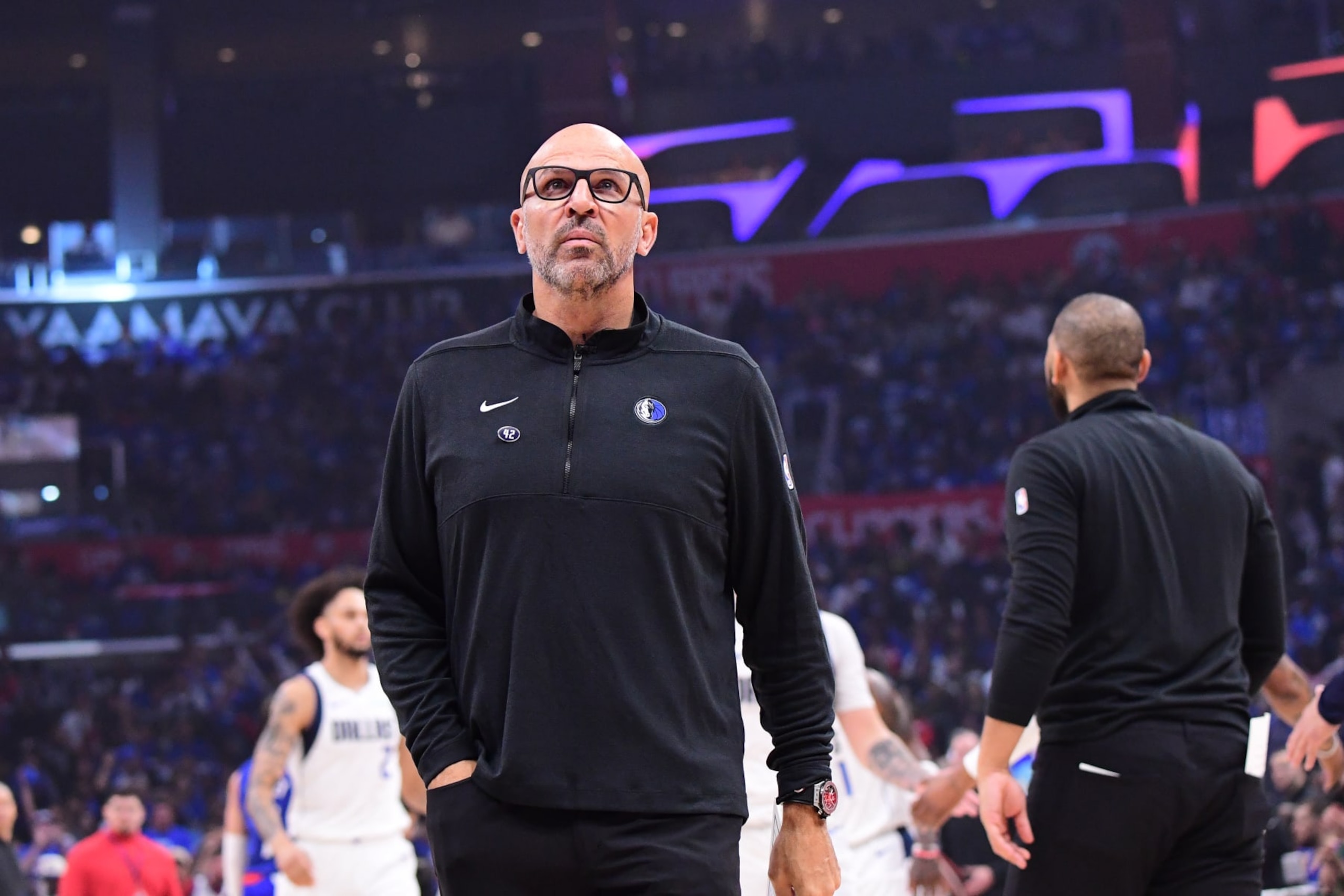 LOS ANGELES, CA - APRIL 21:  Head Coach Jason Kidd of the Dallas Mavericks looks on during the game against the LA Clippers during Round 1 Game 1 of the 2024 NBA Playoffs on April 21, 2024 at Crypto.Com Arena in Los Angeles, California. NOTE TO USER: User expressly acknowledges and agrees that, by downloading and/or using this Photograph, user is consenting to the terms and conditions of the Getty Images License Agreement. Mandatory Copyright Notice: Copyright 2024 NBAE (Photo by Adam Pantozzi/NBAE via Getty Images)