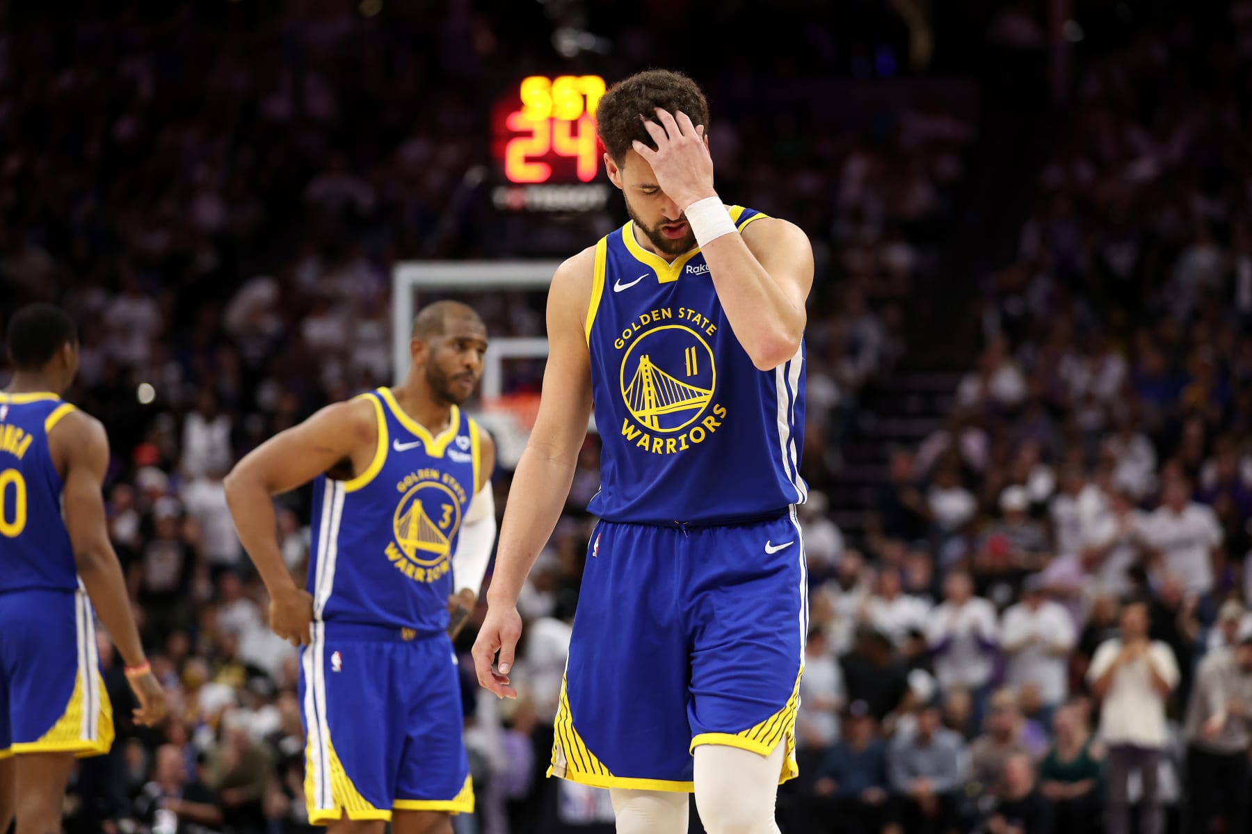 SACRAMENTO, CALIFORNIA - APRIL 16: Klay Thompson #11 of the Golden State Warriors reacts after missing a shot against the Sacramento Kings in the second half during the Play-In Tournament at Golden 1 Center on April 16, 2024 in Sacramento, California.  NOTE TO USER: User expressly acknowledges and agrees that, by downloading and or using this photograph, User is consenting to the terms and conditions of the Getty Images License Agreement.  (Photo by Ezra Shaw/Getty Images)