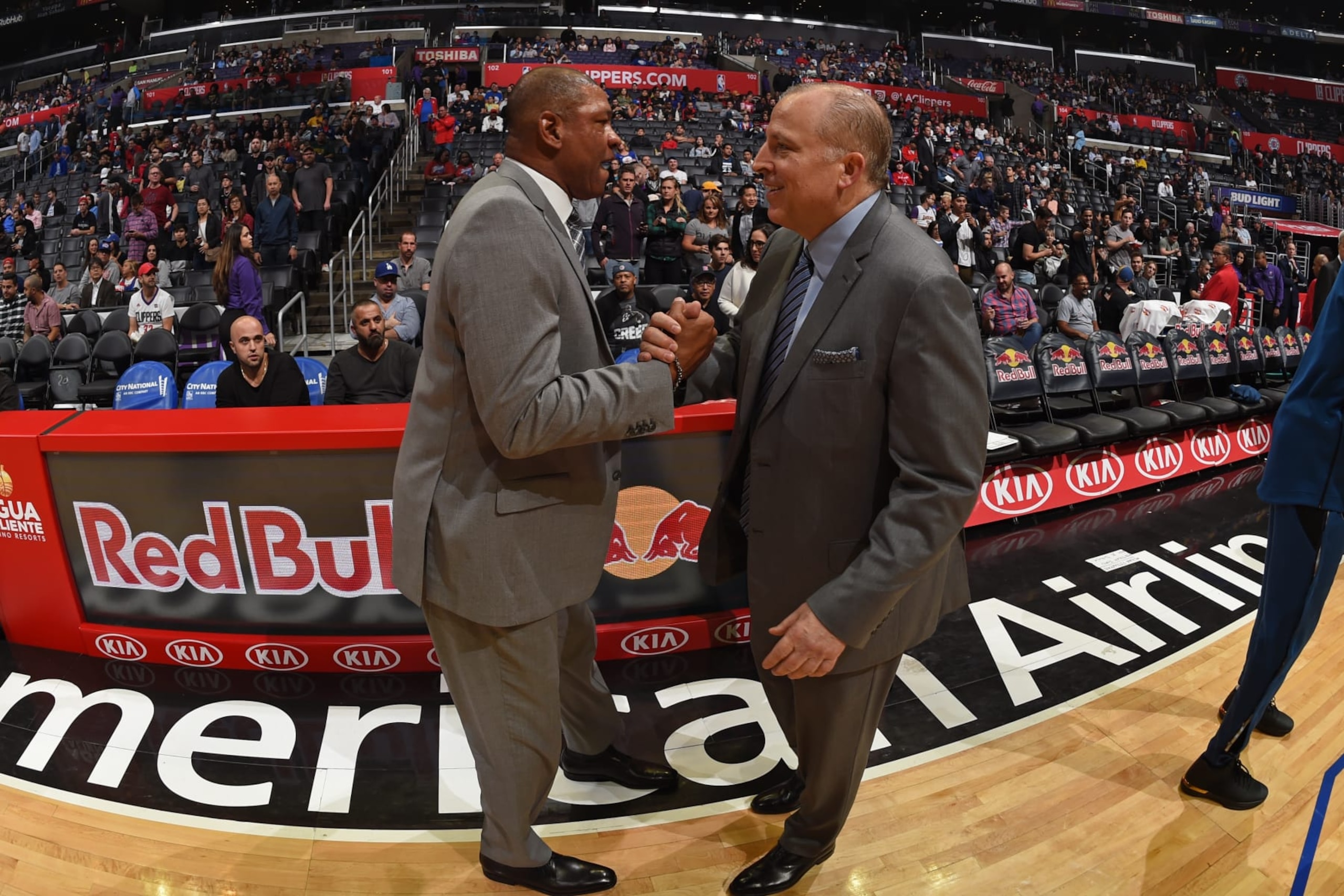 LOS ANGELES, CA - NOVEMBER 5: Head Coaches Doc Rivers of the LA Clippers and Tom Thibodeau of the Minnesota Timberwolves exchange handshakes after the game on November 5, 2018 at STAPLES Center in Los Angeles, California. NOTE TO USER: User expressly acknowledges and agrees that, by downloading and/or using this Photograph, user is consenting to the terms and conditions of the Getty Images License Agreement. Mandatory Copyright Notice: Copyright 2018 NBAE (Photo by Adam Pantozzi/NBAE via Getty Images) LOS ANGELES, CA - NOVEMBER 5: Head Coaches Doc Rivers of the LA Clippers and Tom Thibodeau of the Minnesota Timberwolves exchange handshakes after the game on November 5, 2018 at STAPLES Center in Los Angeles, California. NOTE TO USER: User expressly acknowledges and agrees that, by downloading and/or using this Photograph, user is consenting to the terms and conditions of the Getty Images License Agreement. Mandatory Copyright Notice: Copyright 2018 NBAE (Photo by Adam Pantozzi/NBAE via Getty Images)
