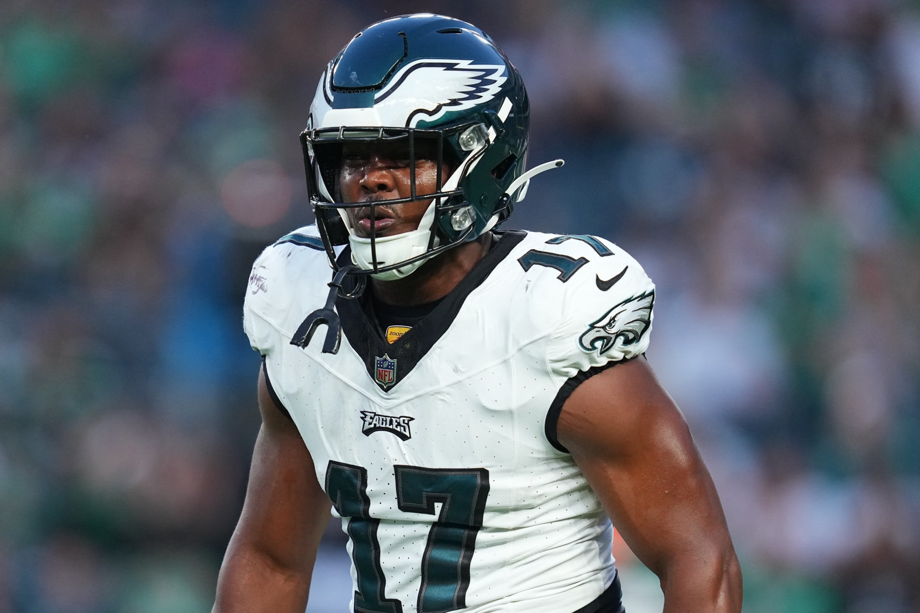 PHILADELPHIA, PENNSYLVANIA - AUGUST 17: Nakobe Dean #17 of the Philadelphia Eagles reacts against the Cleveland Browns in the first half of the preseason game at Lincoln Financial Field on August 17, 2023 in Philadelphia, Pennsylvania. (Photo by Mitchell Leff/Getty Images)