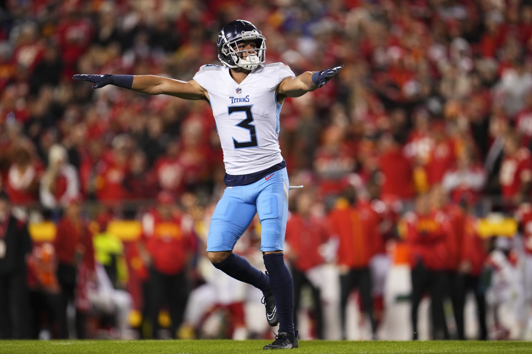 KANSAS CITY, MO - NOVEMBER 06: Caleb Farley #3 of the Tennessee Titans celebrates against the Kansas City Chiefs at GEHA Field at Arrowhead Stadium on November 6, 2022 in Kansas City, Missouri. (Photo by Cooper Neill/Getty Images)