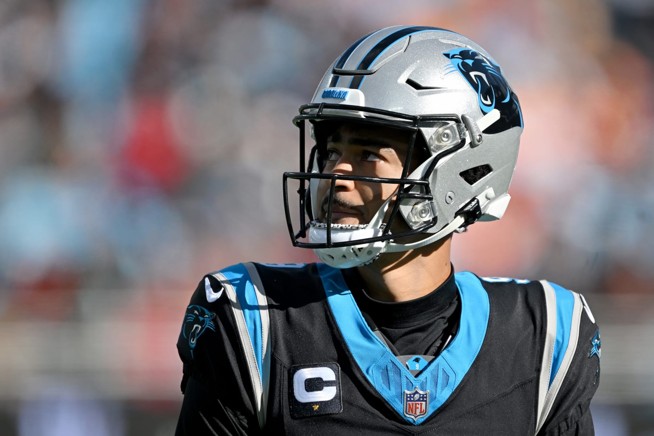 CHARLOTTE, NORTH CAROLINA - JANUARY 07: Bryce Young #9 of the Carolina Panthers looks on during the second quarter against the Tampa Bay Buccaneers at Bank of America Stadium on January 07, 2024 in Charlotte, North Carolina. (Photo by Grant Halverson/Getty Images)