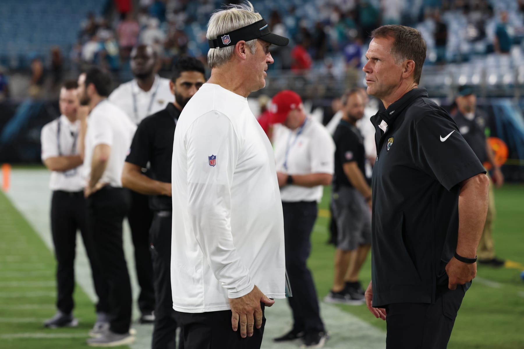 JACKSONVILLE, FL - AUGUST 26: Doug Pederson and Trent Baalke of the Jacksonville Jaguars talk against the Miami Dolphins at EverBank Stadium on Saturday, August 26, 2023 in Jacksonville, Florida. (Photo by Perry Knotts/Getty Images)