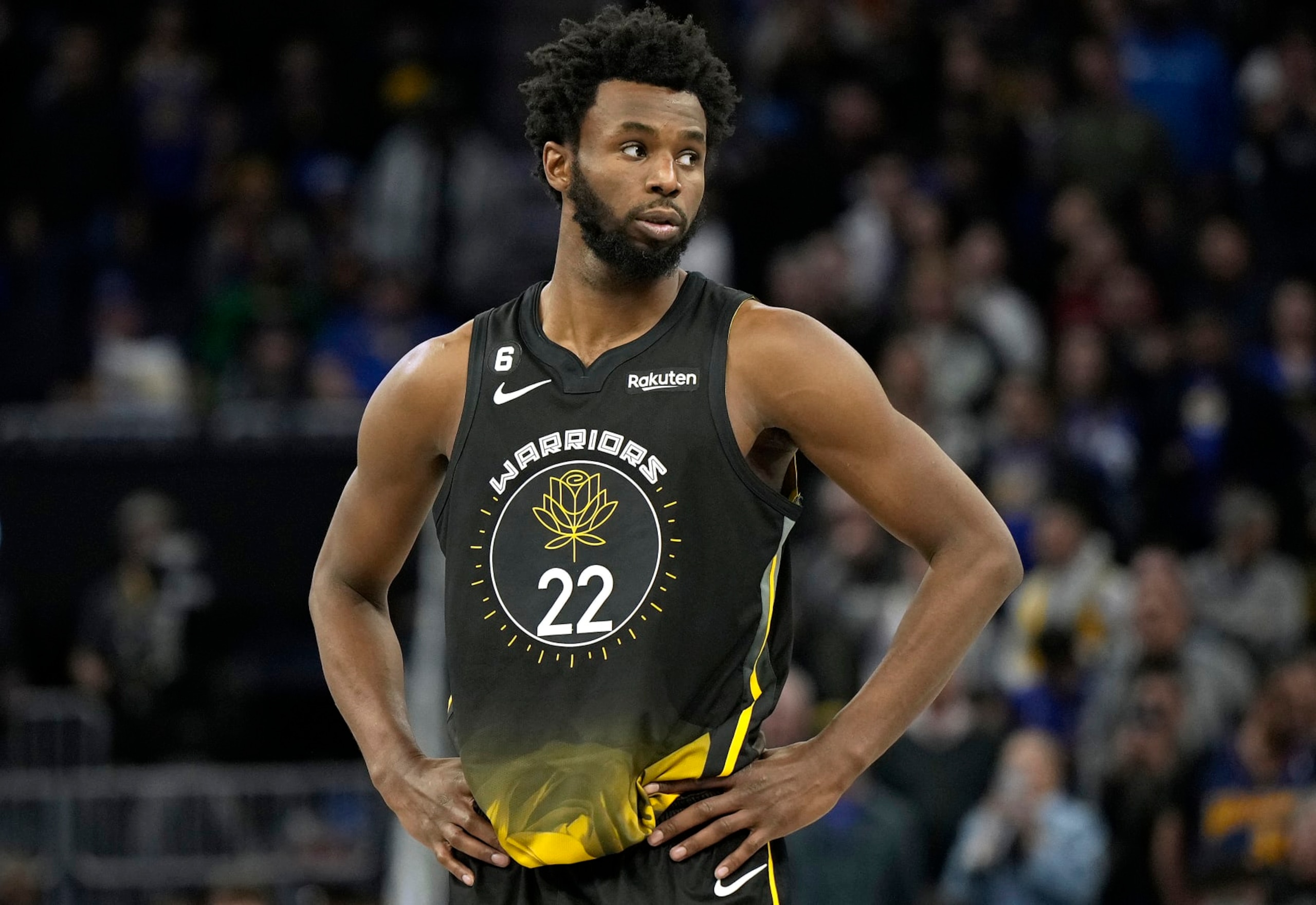 SAN FRANCISCO, CALIFORNIA - NOVEMBER 11: Andrew Wiggins #22 of the Golden State Warriors looks on against the Cleveland Cavaliers late in the fourth quarter of an NBA basketball game at Chase Center on November 11, 2022 in San Francisco, California. NOTE TO USER: User expressly acknowledges and agrees that, by downloading and or using this photograph, User is consenting to the terms and conditions of the Getty Images License Agreement. (Photo by Thearon W. Henderson/Getty Images)