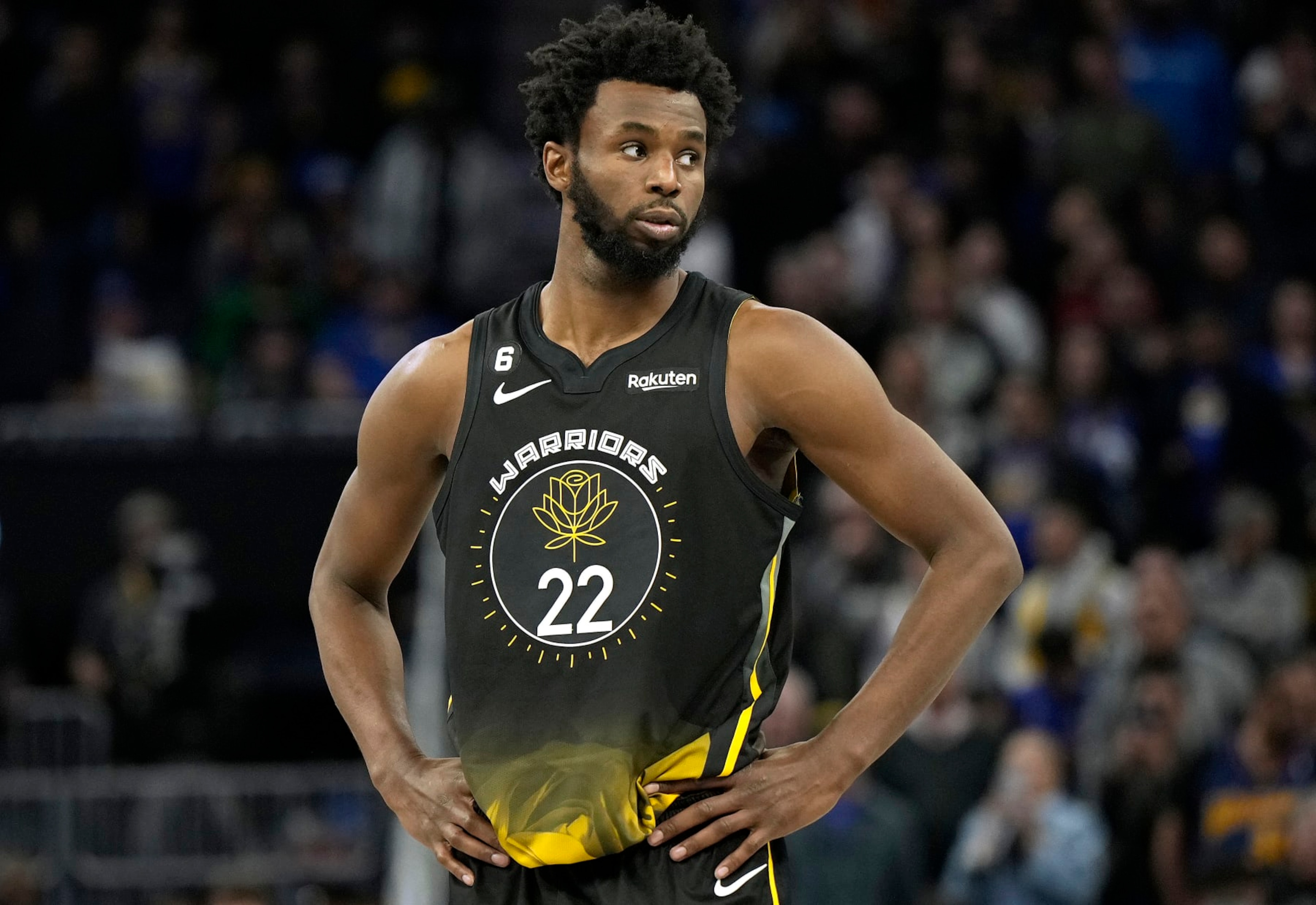 SAN FRANCISCO, CALIFORNIA - NOVEMBER 11: Andrew Wiggins #22 of the Golden State Warriors looks on against the Cleveland Cavaliers late in the fourth quarter of an NBA basketball game at Chase Center on November 11, 2022 in San Francisco, California. NOTE TO USER: User expressly acknowledges and agrees that, by downloading and or using this photograph, User is consenting to the terms and conditions of the Getty Images License Agreement. (Photo by Thearon W. Henderson/Getty Images)