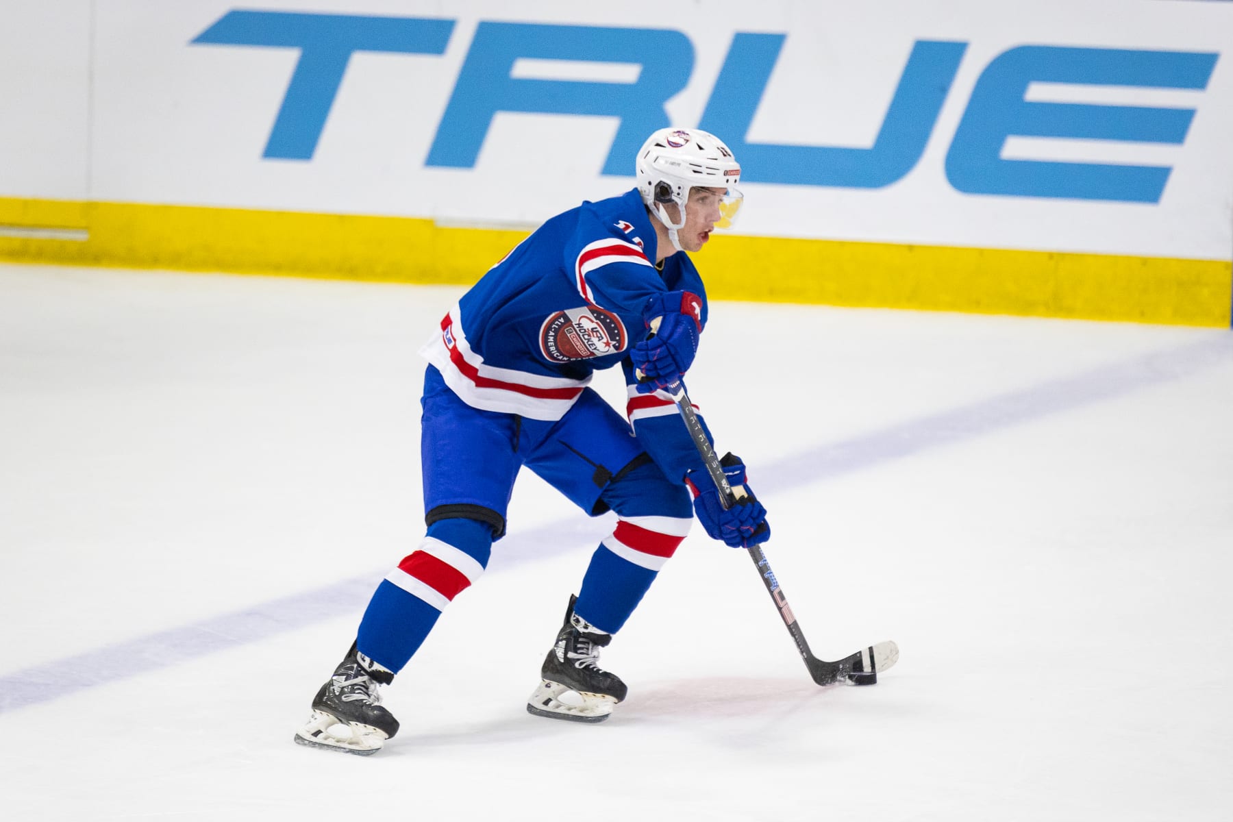 PLYMOUTH, MI - JANUARY 15: Trevor Connelly #16 of Team Blue skates with the puck during Chipotle All-American Game between Team Blue and Team White at USA Hockey Arena on January 15, 2024 in Plymouth, Michigan. (Photo by Michael Miller/ISI Photos/Getty Images)