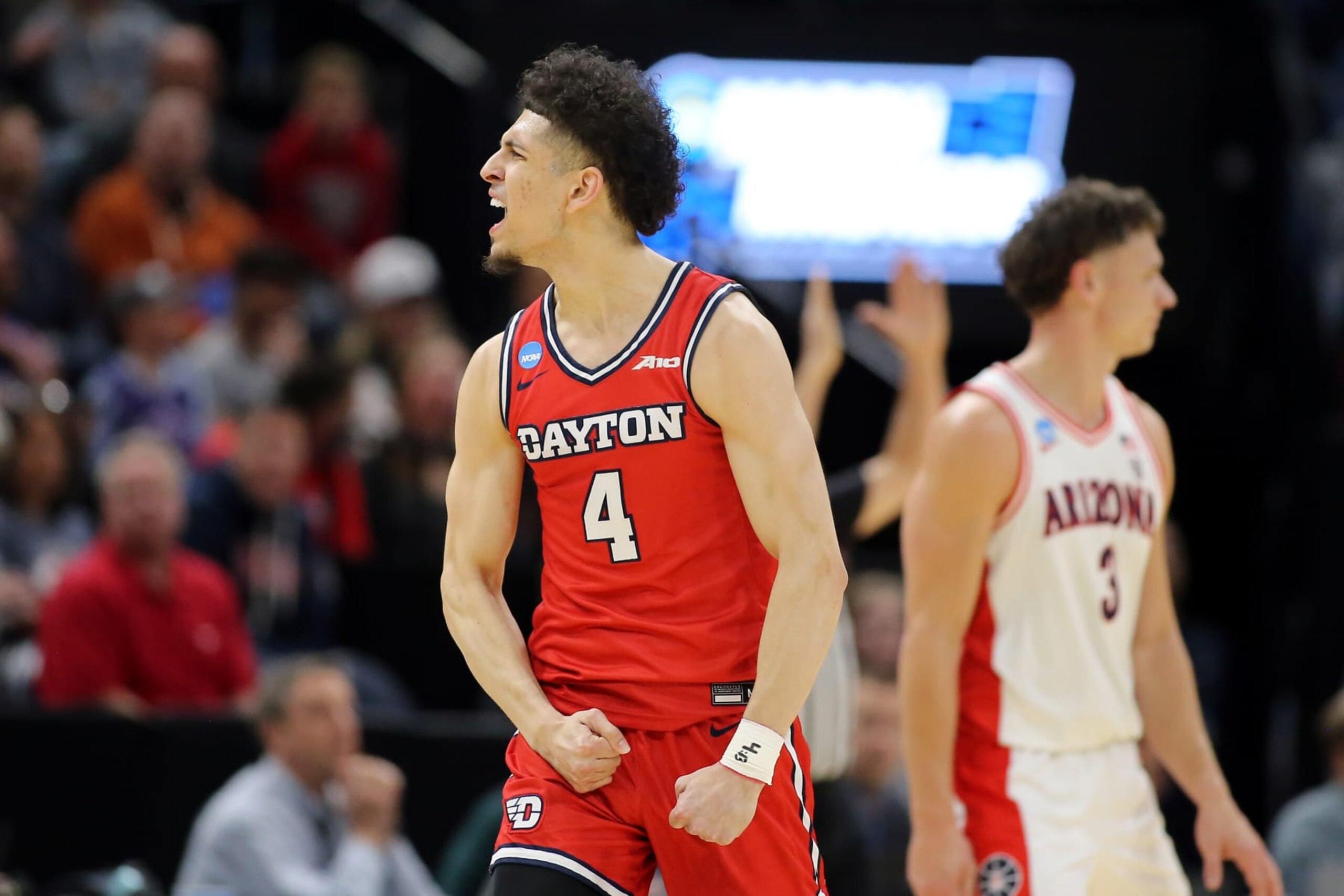 SALT LAKE CITY, UTAH - MARCH 23: Koby Brea #4 of the Dayton Flyers celebrates during the first half against the Arizona Wildcats in the second round of the NCAA Men's Basketball Tournament at Delta Center on March 23, 2024 in Salt Lake City, Utah. (Photo by Chris Gardner/Getty Images)