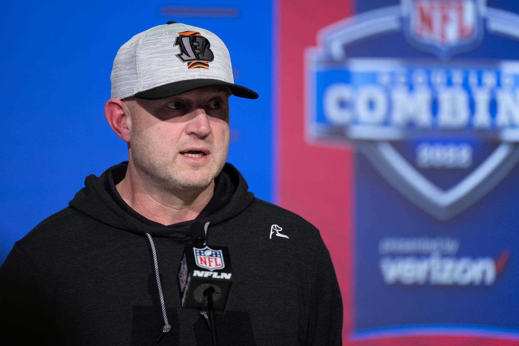 INDIANAPOLIS, IN - MARCH 01: Cincinnati Bengals Director of Player Personnel Duke Tobin answers questions from the media during the NFL Scouting Combine on March 1, 2022, at the Indiana Convention Center in Indianapolis, IN. (Photo by Zach Bolinger/Icon Sportswire via Getty Images)