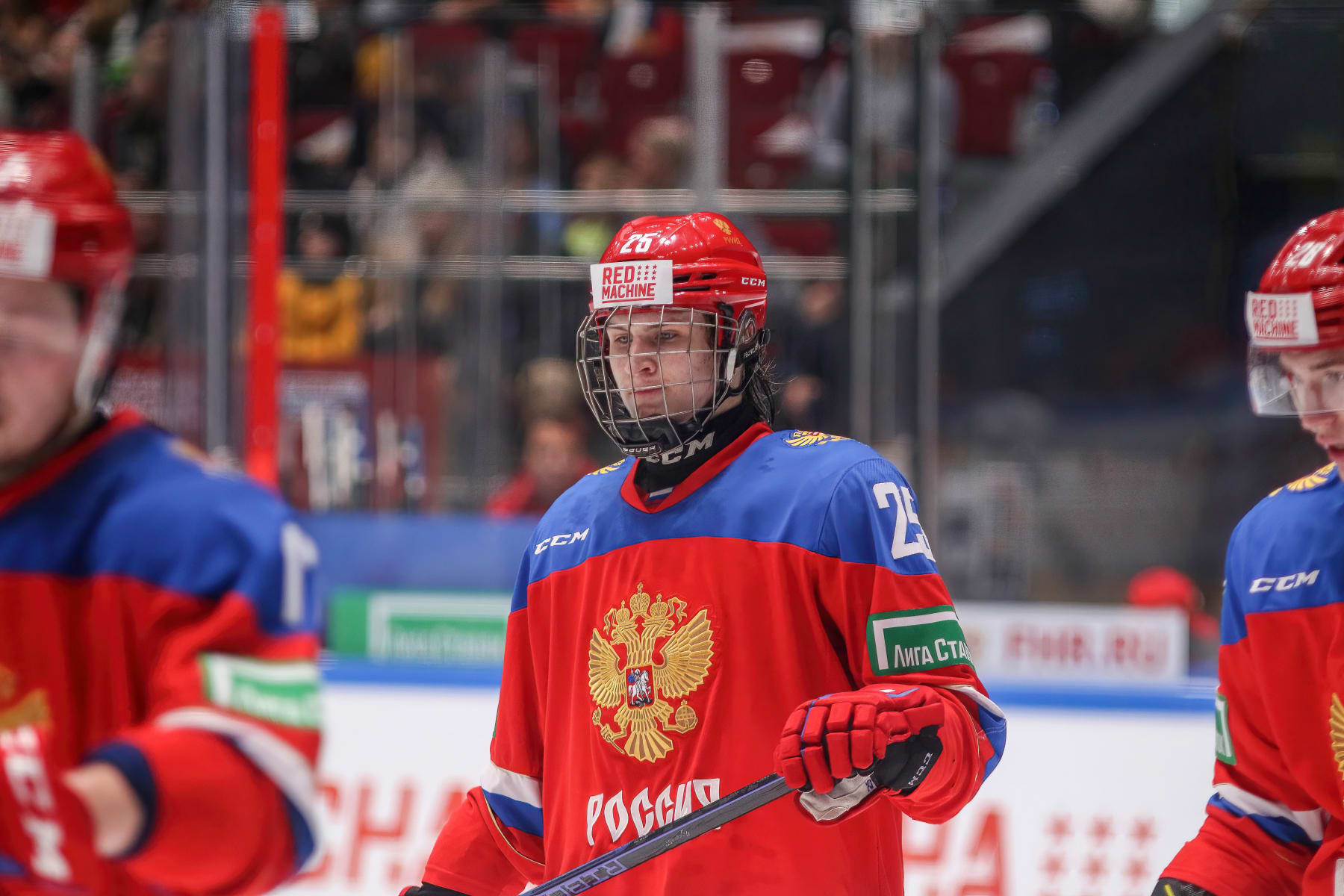 SAINT PETERSBURG, RUSSIA - 2023/11/03: Russia U20 Hockey team player, Igor Chernyshov (25) seen during the Liga Stavok Cup of the Future between Russia U20 and Kazakhstan U20 at SC Jubilee. Final score; Russia U20 12:1 Kazakhstan U20. (Photo by Maksim Konstantinov/SOPA Images/LightRocket via Getty Images)