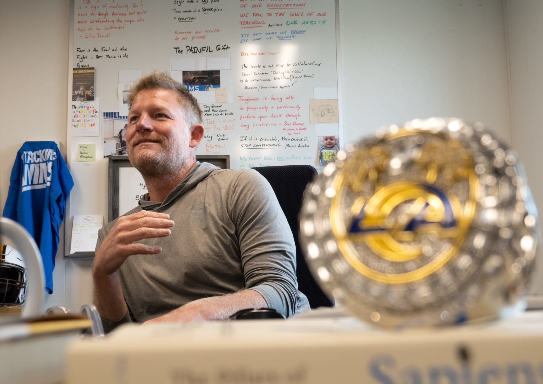 THOUSAND OAKS, CA - MAY 11: (EMBARGOED UNTIL THU 5/11/2023 5 P.M. PST) Los Angeles Rams General Manager Les Snead recalls a story about the time the team shared a Seattle hotel with a furry convention. Once the team's schedule is released, the logistical details include booking hotels, ticket sales, marketing and promotions. Photographed at Rams training facility on Thursday, May 11, 2023 in Thousand Oaks, CA. (Myung J. Chun / Los Angeles Times via Getty Images)