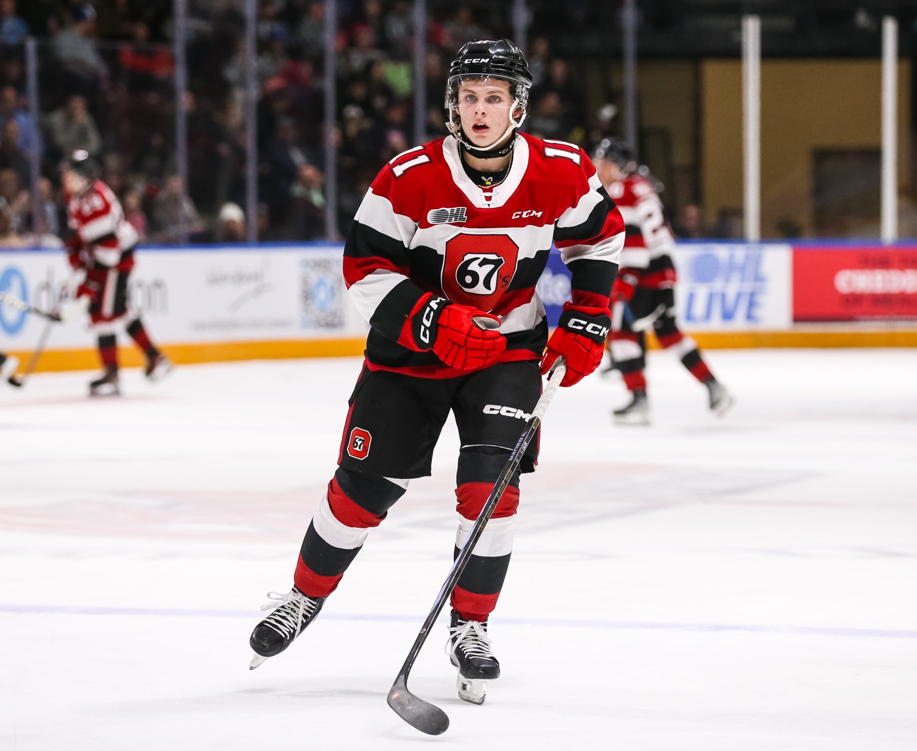 OSHAWA, CANADA - NOVEMBER 24: Henry Mews #11 of the Ottawa 67's skates against the Oshawa Generals at Tribute Communities Centre on November 24, 2023 in Oshawa, Ontario, Canada. (Photo by Chris Tanouye/Getty Images)