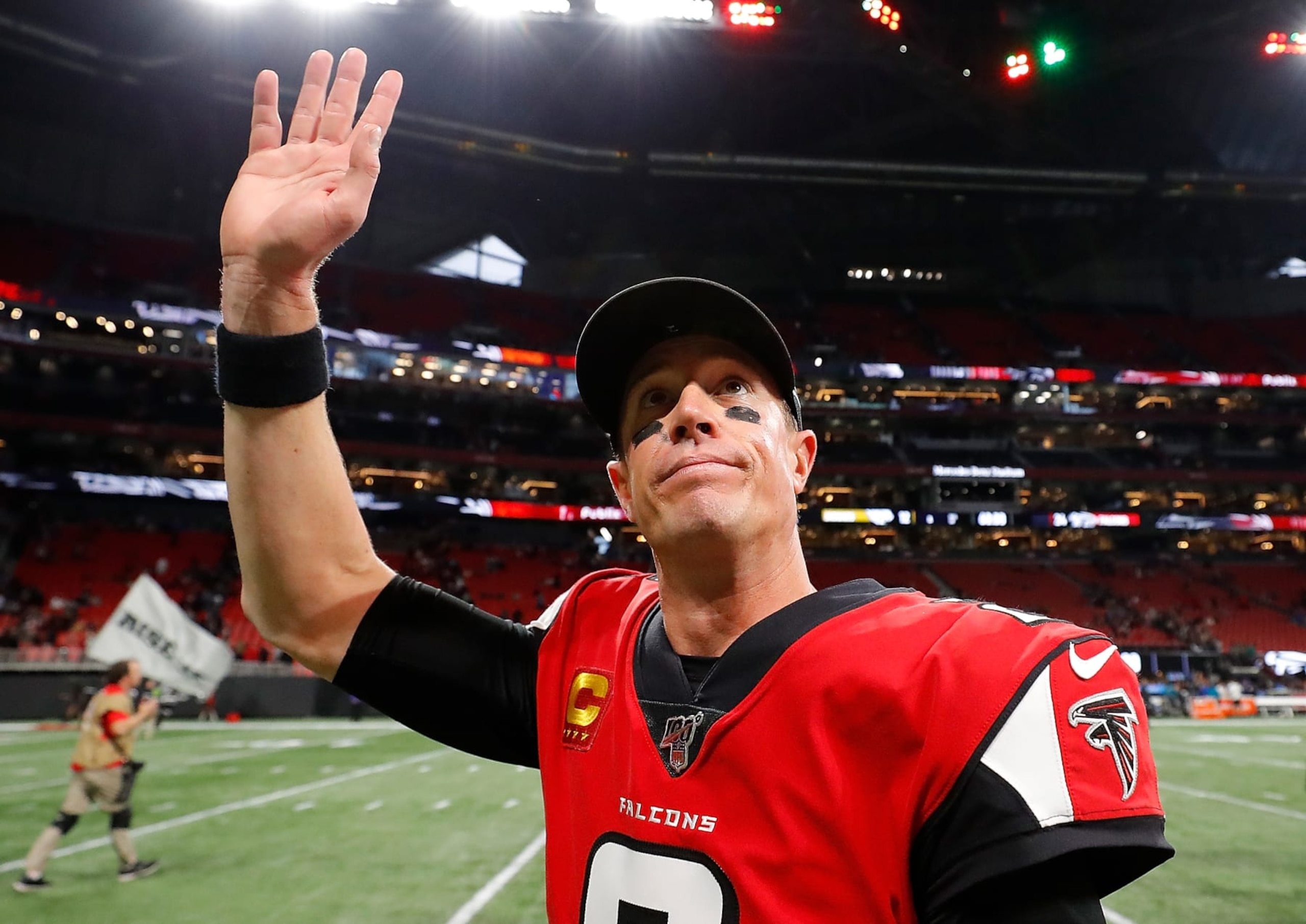 ATLANTA, GEORGIA - DECEMBER 22: Matt Ryan #2 of the Atlanta Falcons reacts after their 24-12 win over the Jacksonville Jaguars at Mercedes-Benz Stadium on December 22, 2019 in Atlanta, Georgia. (Photo by Kevin C. Cox/Getty Images) ATLANTA, GEORGIA - DECEMBER 22: Matt Ryan #2 of the Atlanta Falcons reacts after their 24-12 win over the Jacksonville Jaguars at Mercedes-Benz Stadium on December 22, 2019 in Atlanta, Georgia. (Photo by Kevin C. Cox/Getty Images)