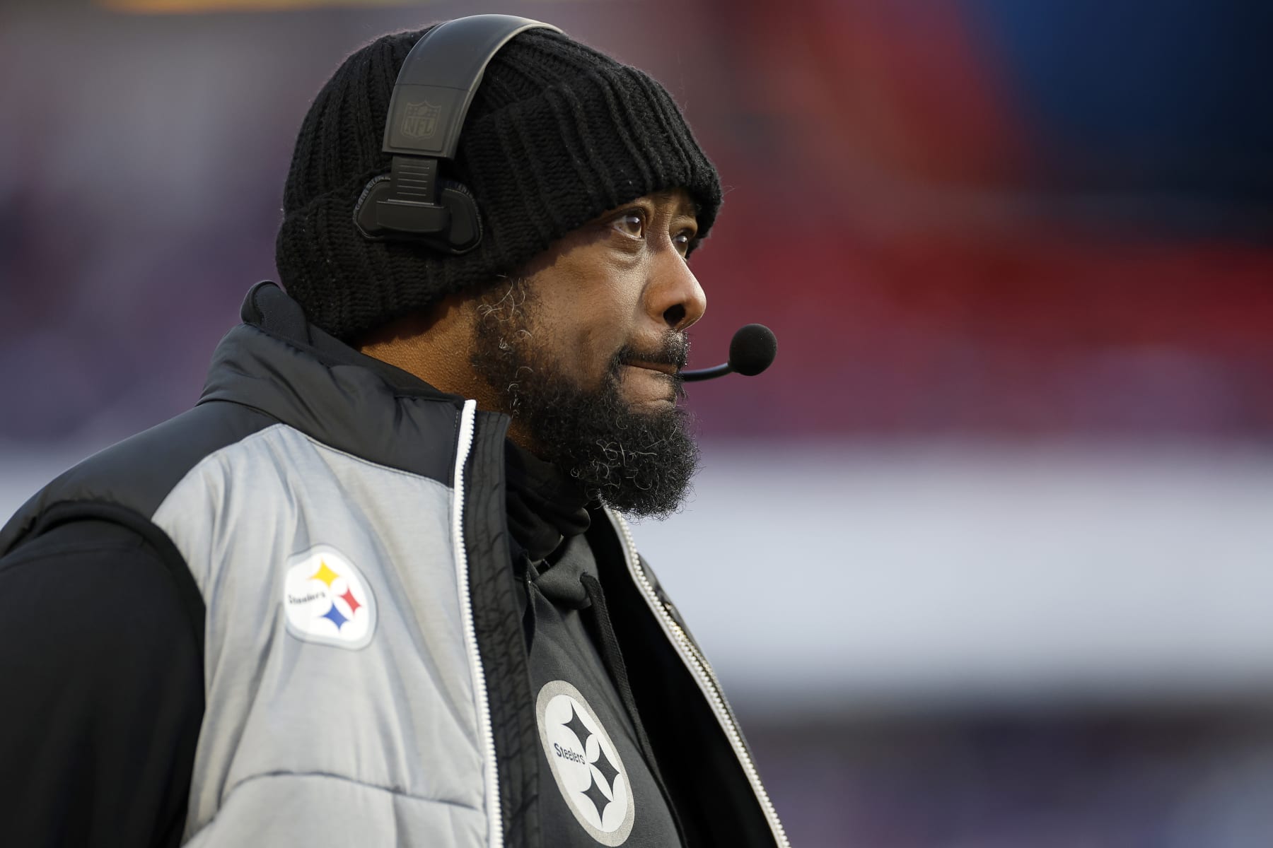 ORCHARD PARK, NEW YORK - JANUARY 15: Head coach Mike Tomlin of the Pittsburgh Steelers looks on during the first quarter against the Buffalo Bills at Highmark Stadium on January 15, 2024 in Orchard Park, New York. (Photo by Sarah Stier/Getty Images)