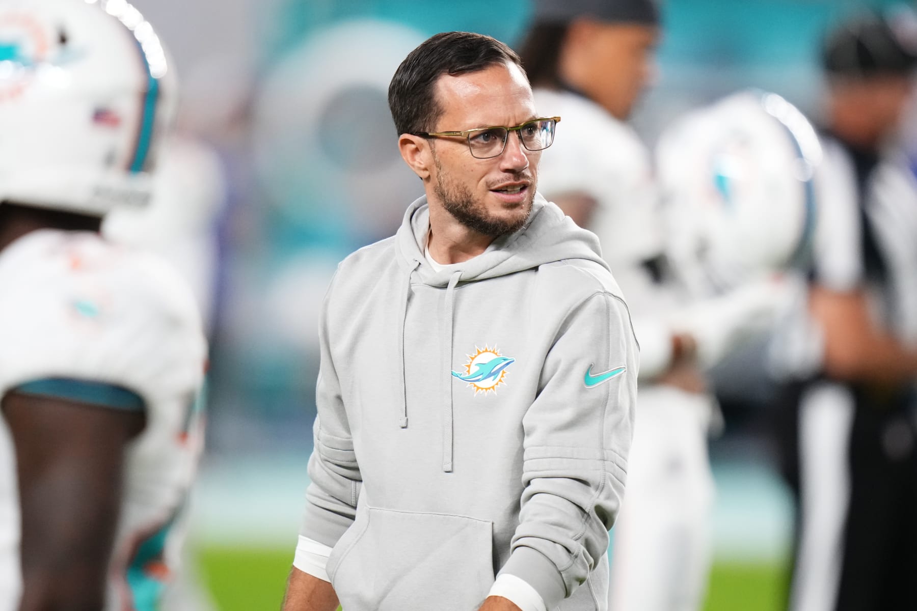 MIAMI GARDENS, FLORIDA - JANUARY 07: Head coach Mike McDaniel of the Miami Dolphins looks on during warmups prior to a game against the Buffalo Bills at Hard Rock Stadium on January 07, 2024 in Miami Gardens, Florida. (Photo by Rich Storry/Getty Images)