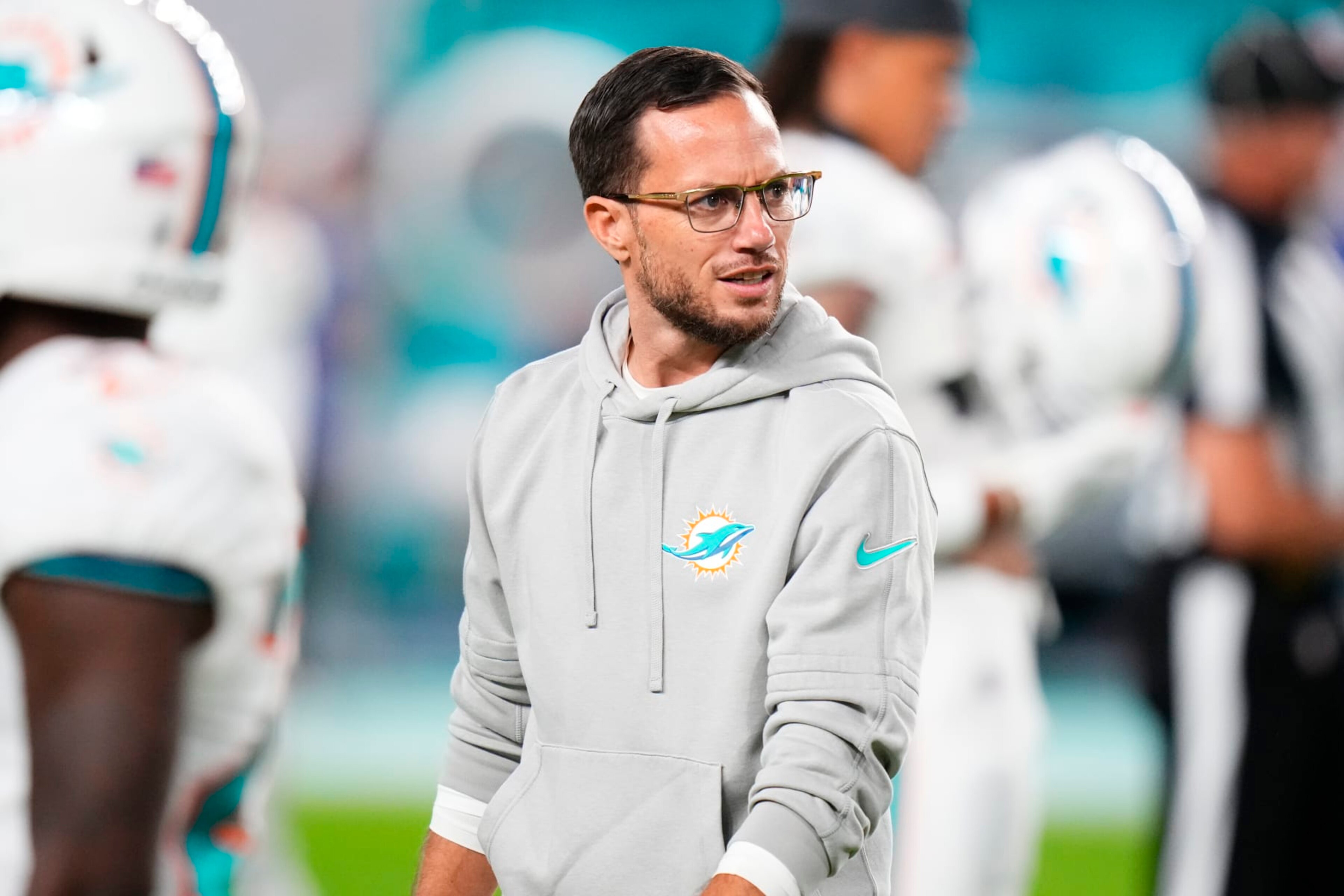 MIAMI GARDENS, FLORIDA - JANUARY 07: Head coach Mike McDaniel of the Miami Dolphins looks on during warmups prior to a game against the Buffalo Bills at Hard Rock Stadium on January 07, 2024 in Miami Gardens, Florida. (Photo by Rich Storry/Getty Images) MIAMI GARDENS, FLORIDA - JANUARY 07: Head coach Mike McDaniel of the Miami Dolphins looks on during warmups prior to a game against the Buffalo Bills at Hard Rock Stadium on January 07, 2024 in Miami Gardens, Florida. (Photo by Rich Storry/Getty Images)