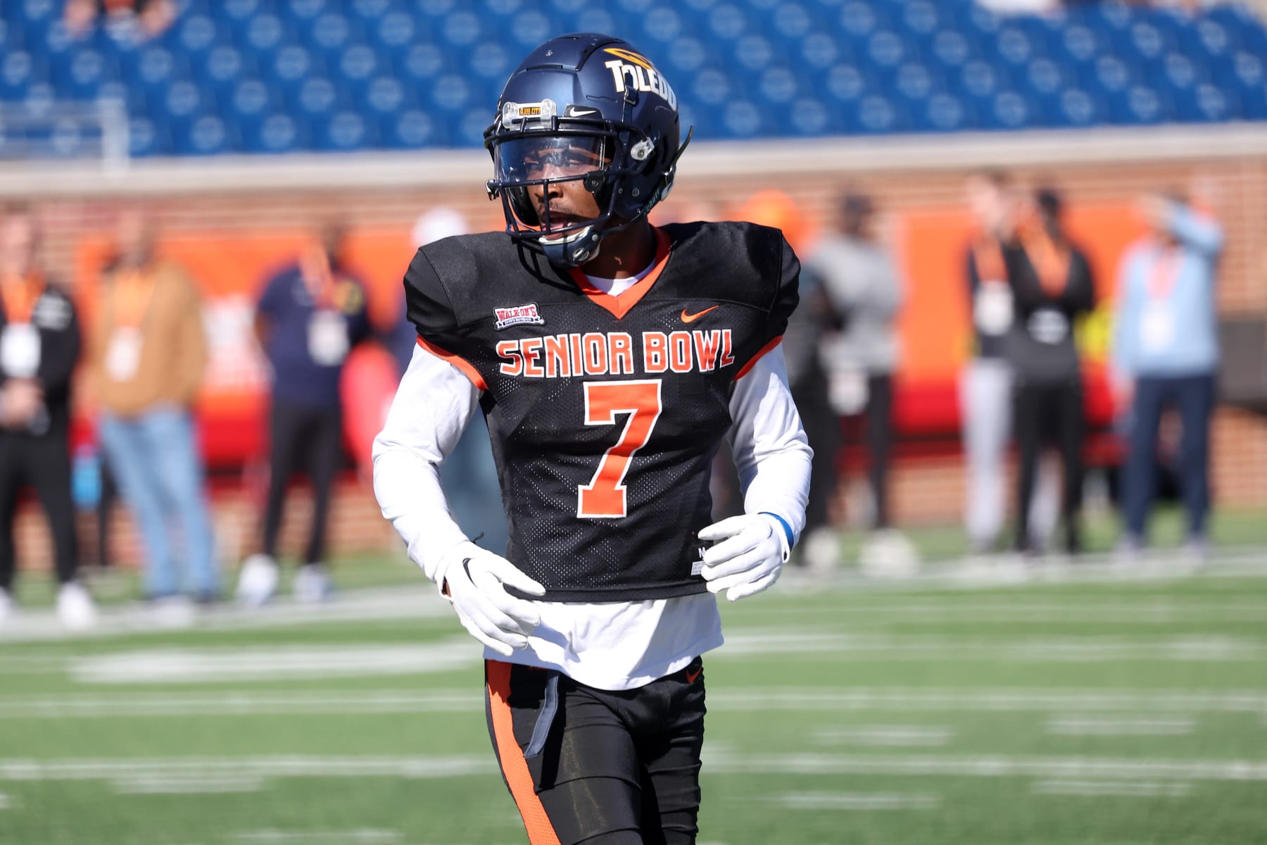 MOBILE, AL - JANUARY 31: National defensive back Quinyon Mitchell of Toledo (7) during the National team practice for the Reese's Senior Bowl on January 31, 2024 at Hancock Whitney Stadium in Mobile, Alabama.  (Photo by Michael Wade/Icon Sportswire via Getty Images)