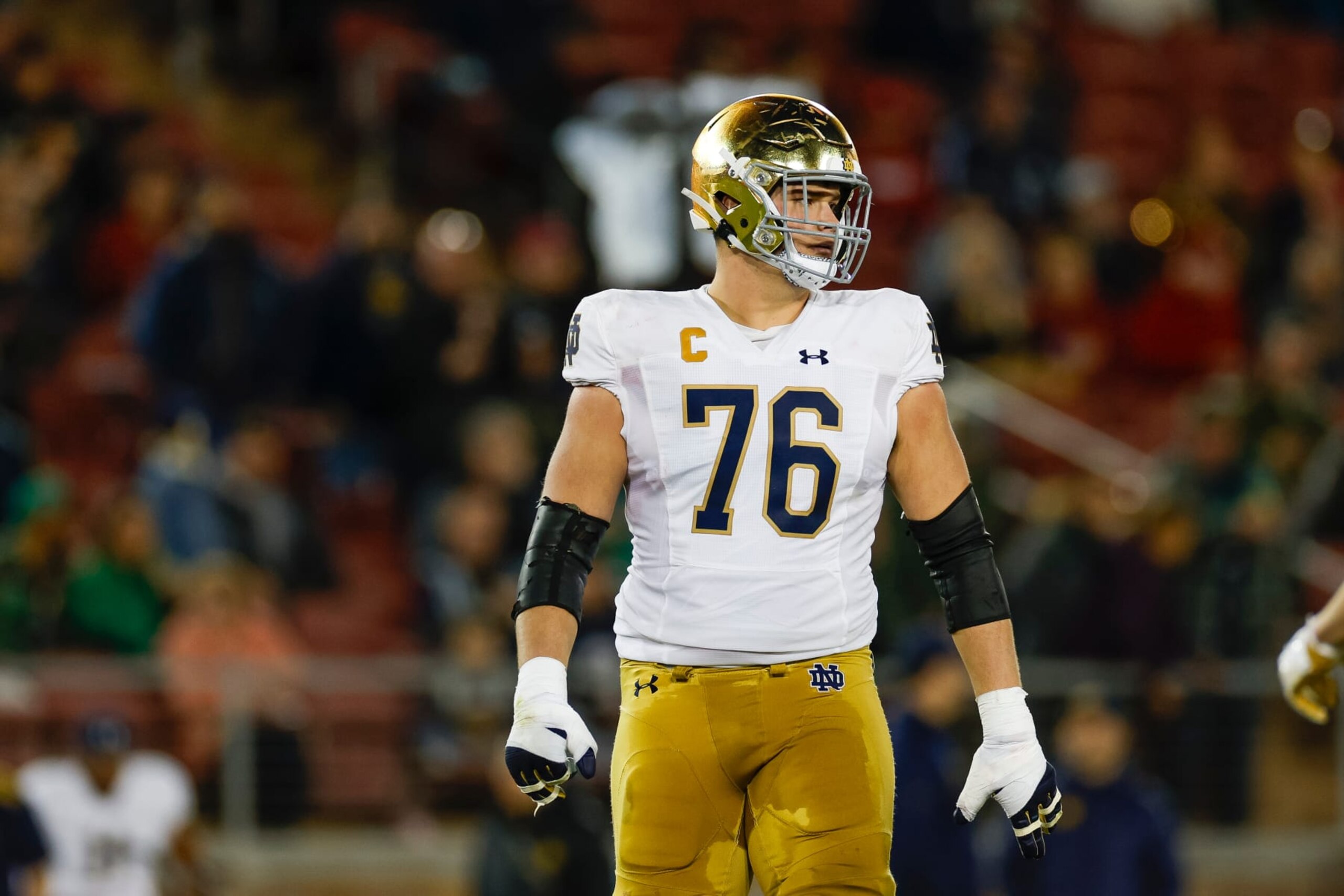 STANFORD, CALIFORNIA - NOVEMBER 25: Joe Alt #76 of the Notre Dame Fighting Irish looks on in the second half during a game against the Stanford Cardinal at Stanford Stadium on November 25, 2023 in Stanford, California. (Photo by Brandon Sloter/Image Of Sport/Getty Images)