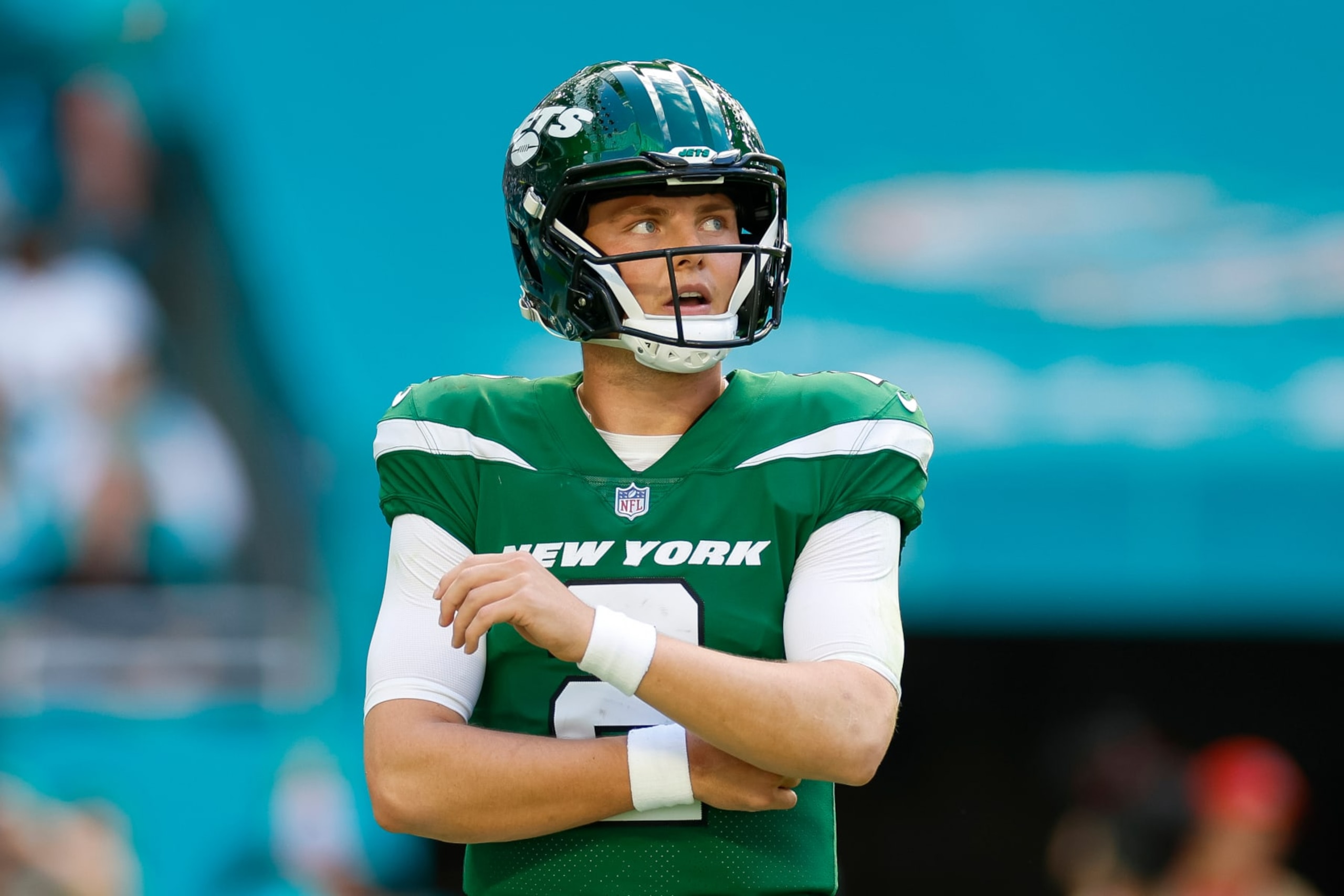 MIAMI GARDENS, FLORIDA - DECEMBER 17: Zach Wilson #2 of the New York Jets reacts in the first half during a game against the Miami Dolphins at Hard Rock Stadium on December 17, 2023 in Miami Gardens, Florida. (Photo by Brandon Sloter/Image Of Sport/Getty Images)