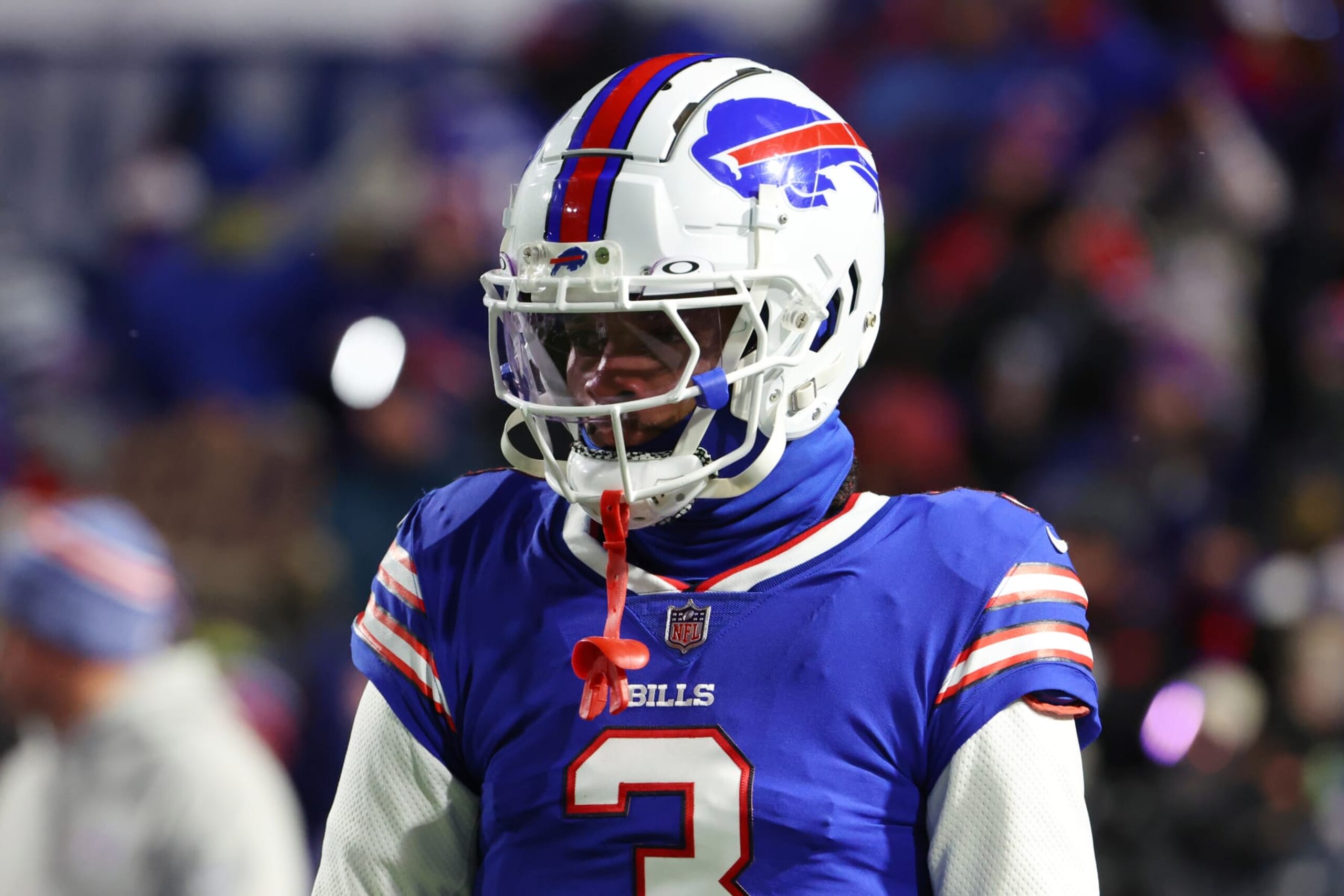 ORCHARD PARK, NEW YORK - JANUARY 21: Damar Hamlin #3 of the Buffalo Bills looks on during the AFC Divisional Playoff game against the Kansas City Chiefs at Highmark Stadium on January 21, 2024 in Orchard Park, New York. (Photo by Timothy T Ludwig/Getty Images)