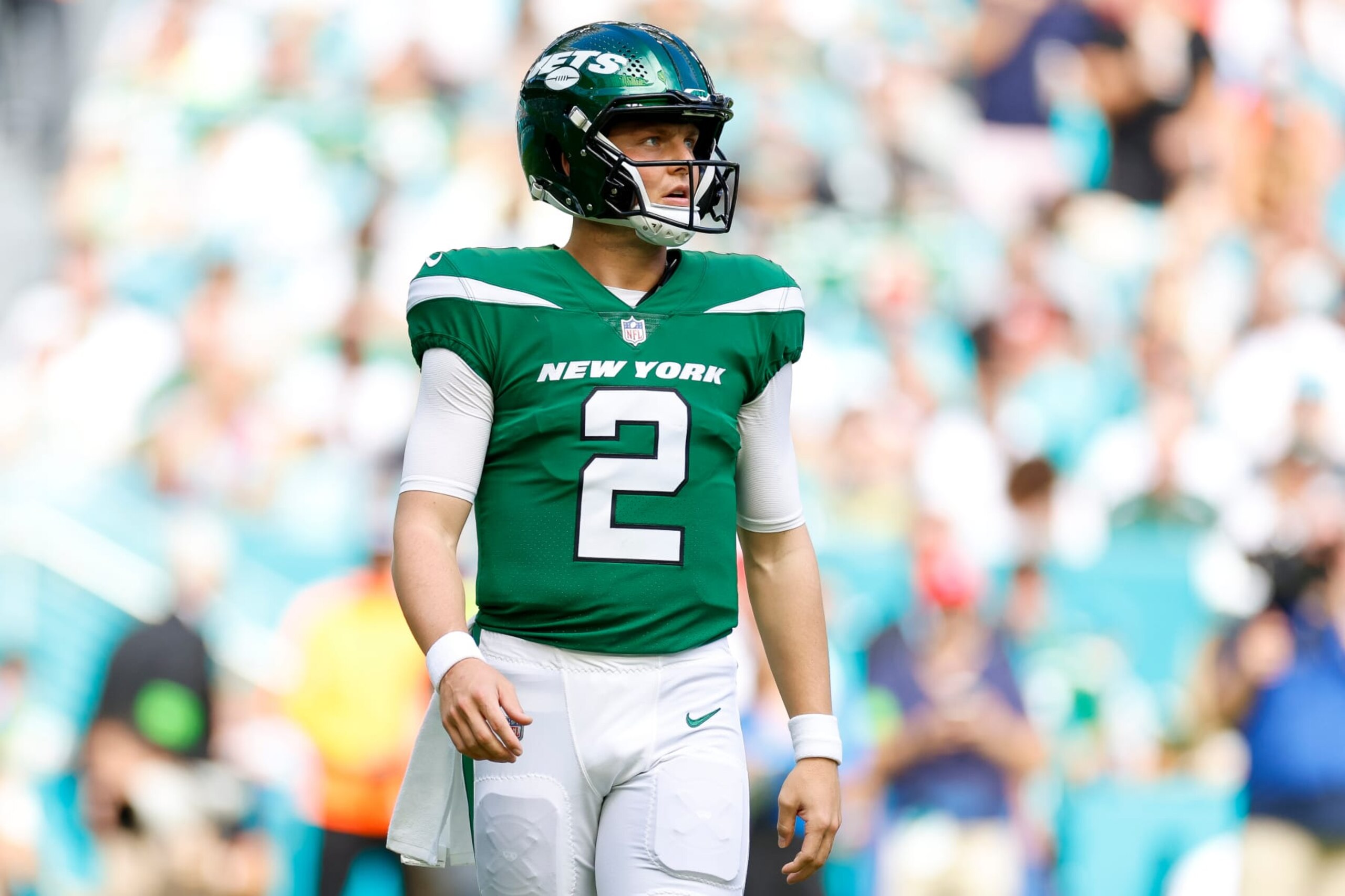 MIAMI GARDENS, FLORIDA - DECEMBER 17: Zach Wilson #2 of the New York Jets reacts in the first half during a game against the Miami Dolphins at Hard Rock Stadium on December 17, 2023 in Miami Gardens, Florida. (Photo by Brandon Sloter/Image Of Sport/Getty Images)