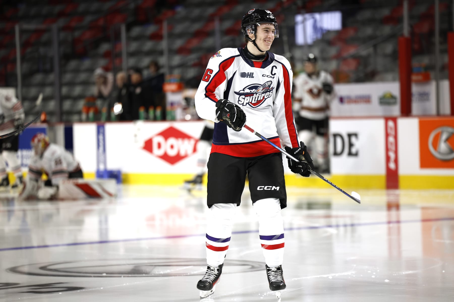 MONCTON, CANADA - JANUARY 23:   Liam Greentree #66 of Team White skating during practice session of 2024 Kabota Top Prospects game at Avenir Centre on January 23, 2024 in Moncton, Canada. (Photo by Dale Preston/Getty Images)