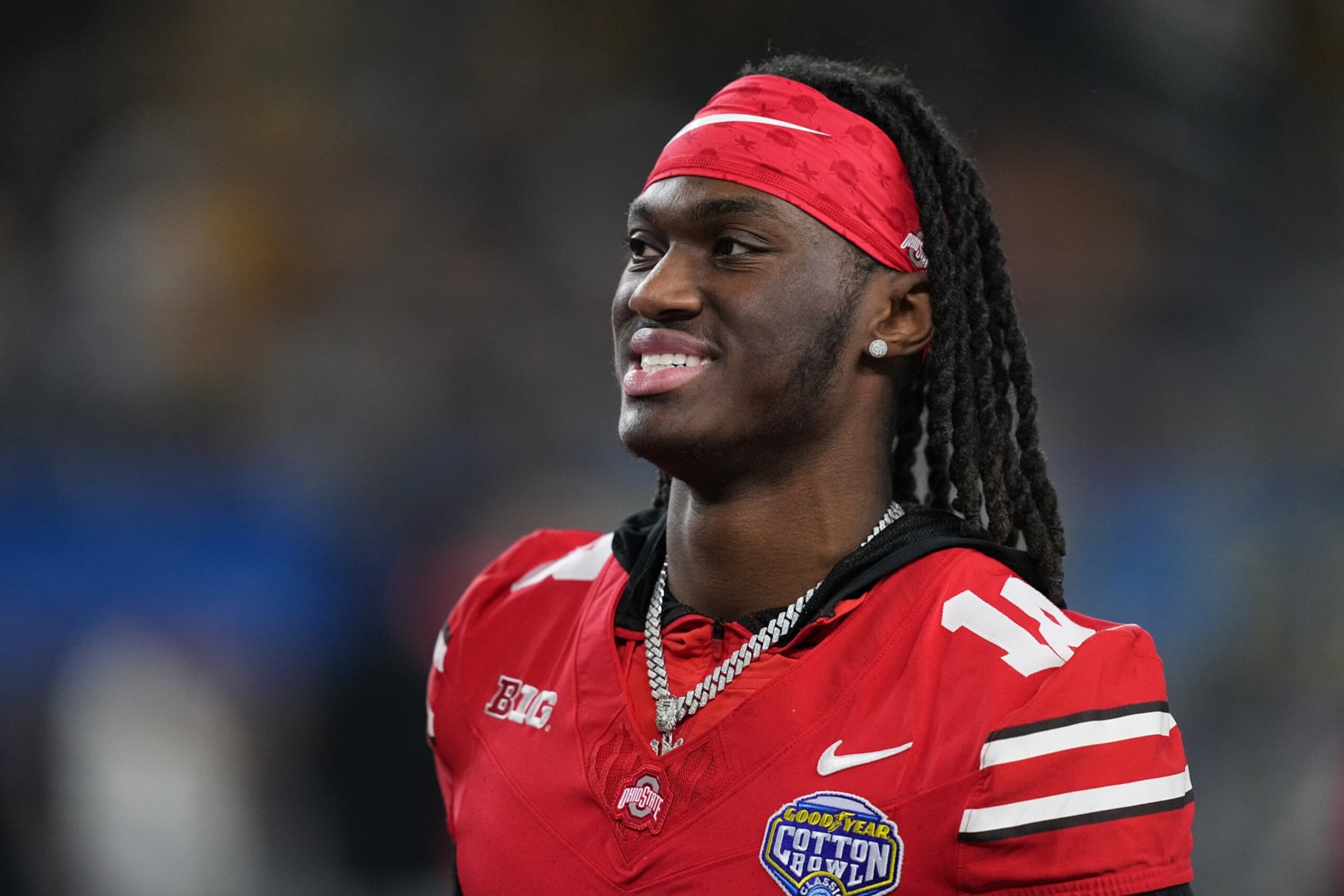ARLINGTON, TEXAS - DECEMBER 29: Marvin Harrison Jr. #18 of the Ohio State Buckeyes reacts prior to a game against the Missouri Tigers during the Goodyear Cotton Bowl at AT&T Stadium on December 29, 2023 in Arlington, Texas. (Photo by Sam Hodde/Getty Images)
