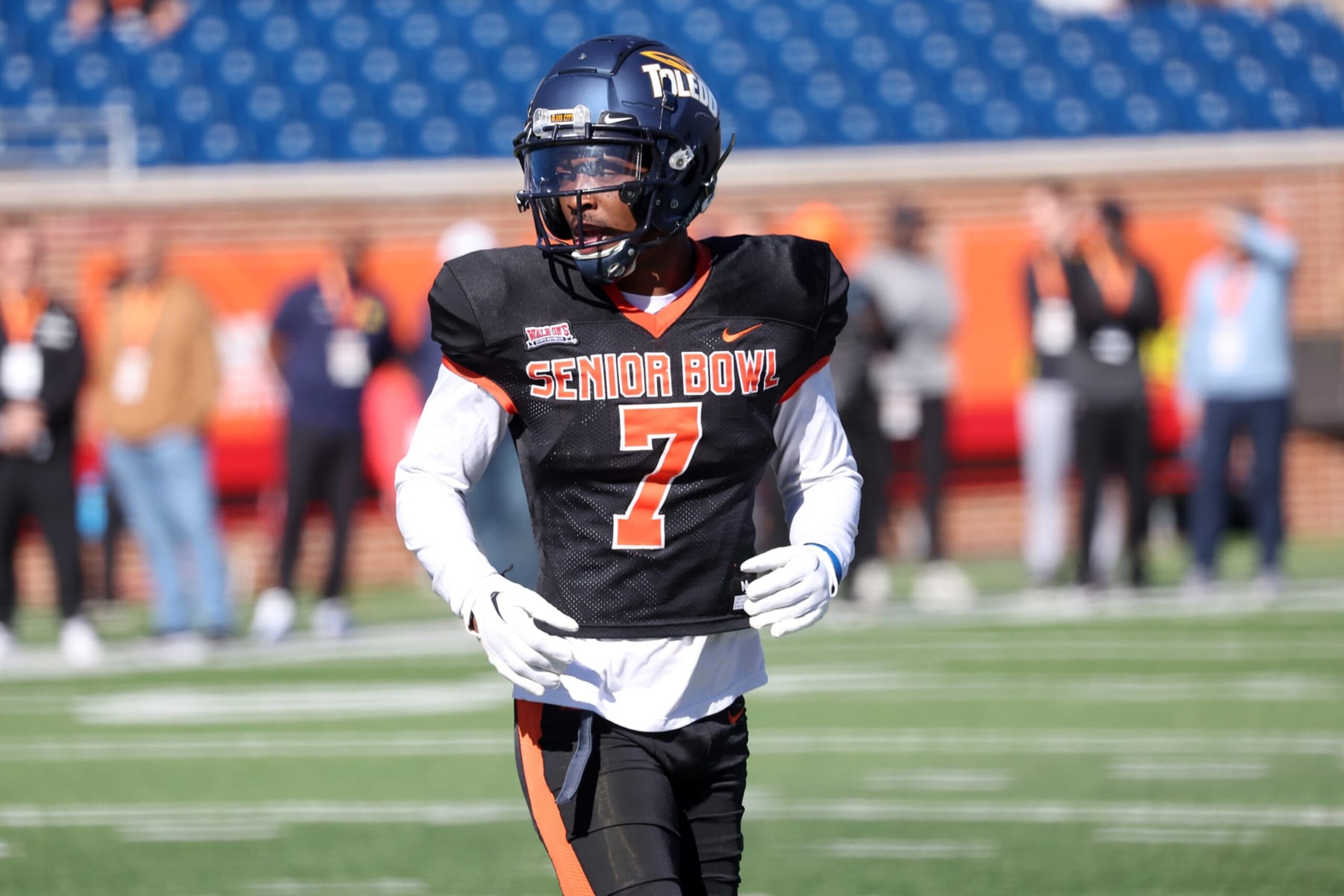 MOBILE, AL - JANUARY 31: National defensive back Quinyon Mitchell of Toledo (7) during the National team practice for the Reese's Senior Bowl on January 31, 2024 at Hancock Whitney Stadium in Mobile, Alabama. (Photo by Michael Wade/Icon Sportswire via Getty Images) MOBILE, AL - JANUARY 31: National defensive back Quinyon Mitchell of Toledo (7) during the National team practice for the Reese's Senior Bowl on January 31, 2024 at Hancock Whitney Stadium in Mobile, Alabama. (Photo by Michael Wade/Icon Sportswire via Getty Images)