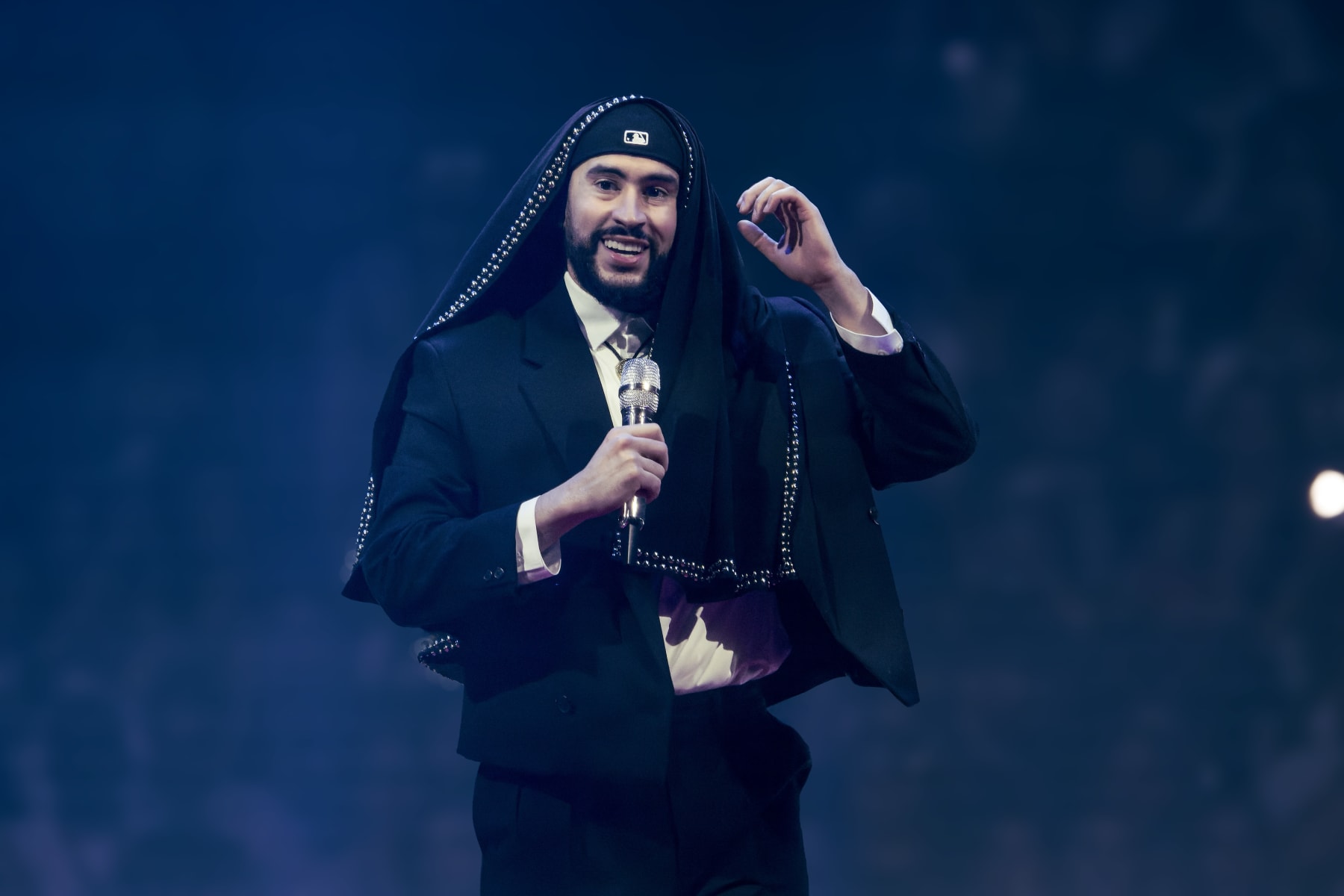 PHILADELPHIA, PENNSYLVANIA - APRIL 19: Bad Bunny performs live on stage at the Wells Fargo Center on April 19, 2024 in Philadelphia, Pennsylvania. (Photo by Lisa Lake/Getty Images)