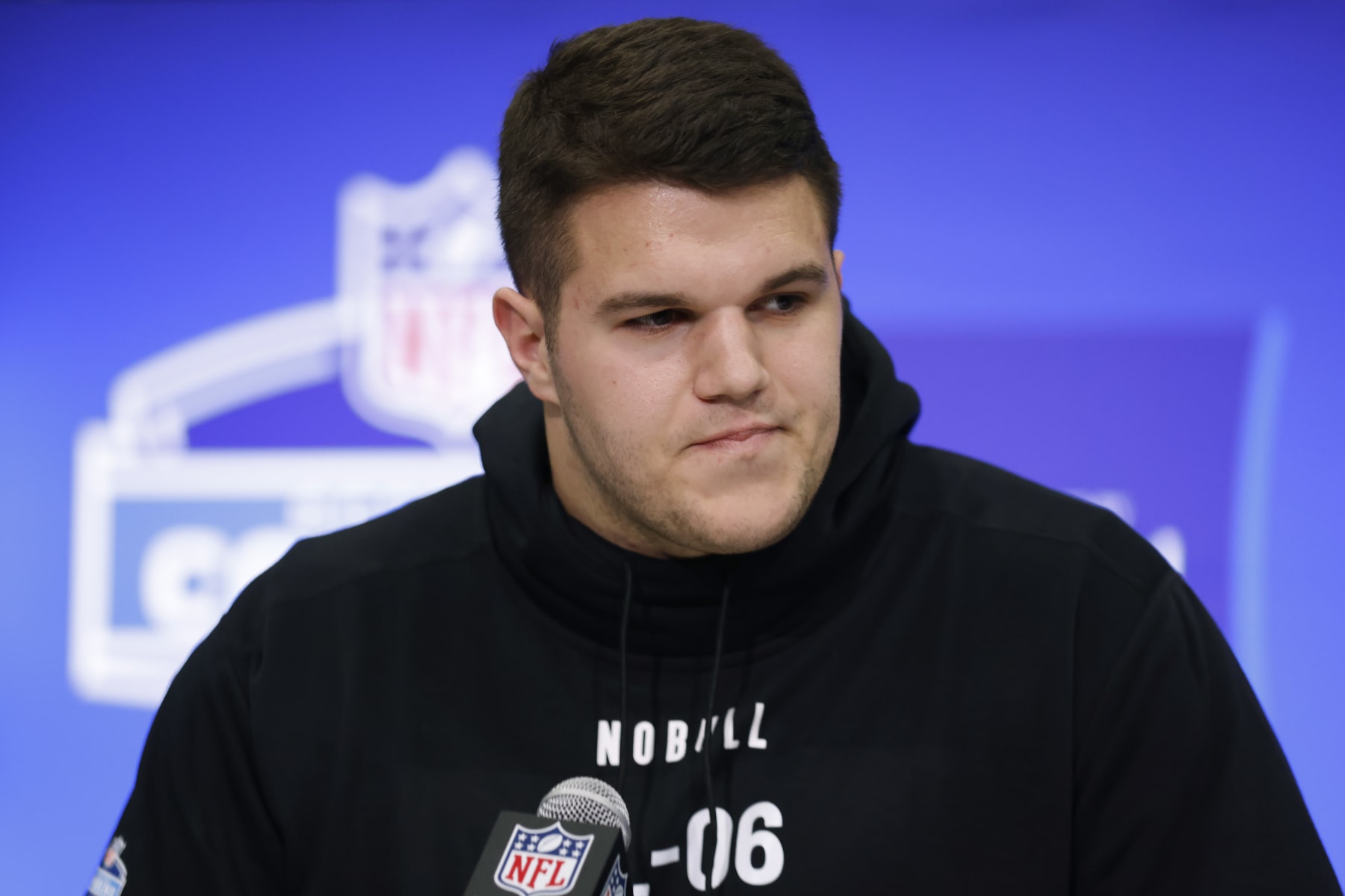 INDIANAPOLIS, INDIANA - MARCH 02: Graham Barton #OL06 of the Duke speaks to the media during the 2024 NFL Combine at the Indiana Convention Center on March 02, 2024 in Indianapolis, Indiana. (Photo by Justin Casterline/Getty Images)