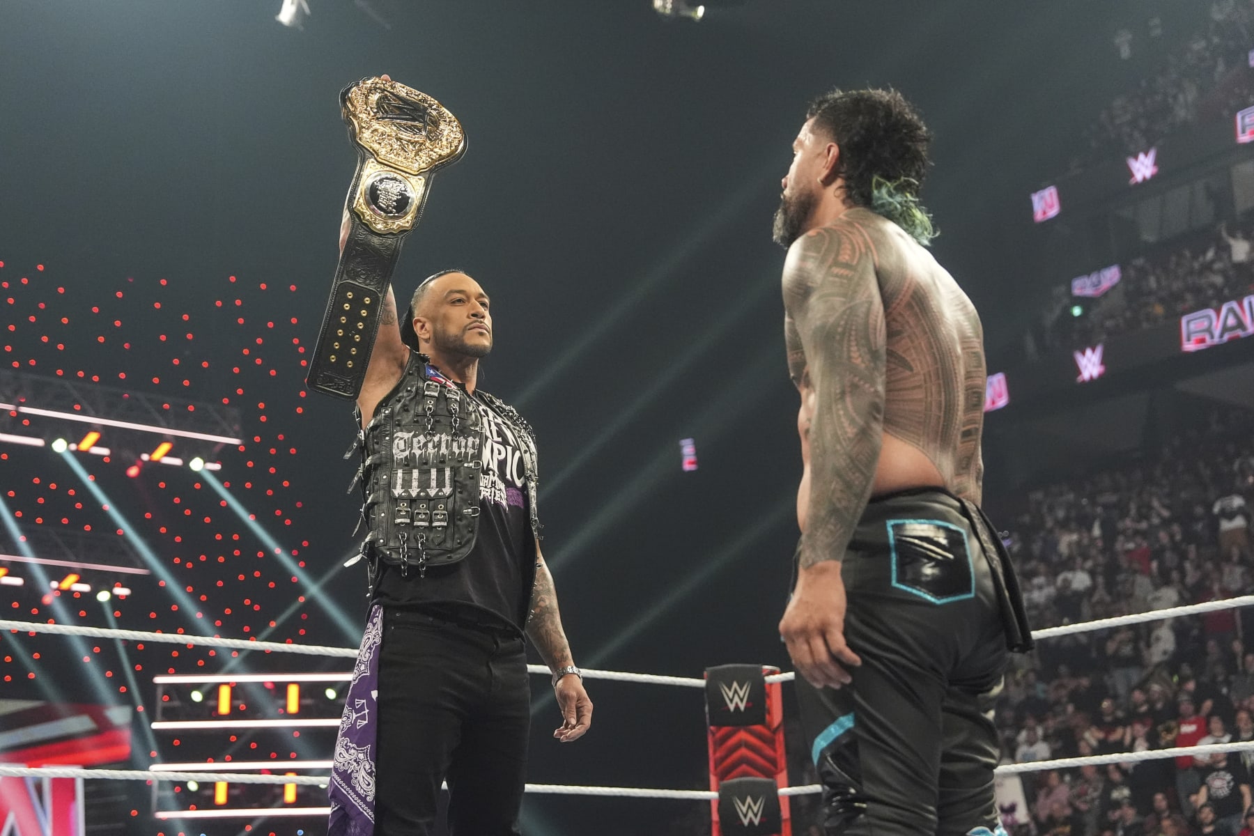 MONTREAL, CANADA - APRIL 15: WWE World Champion Damian Priest faces off with Jay Uso during Monday Night RAW at the Bell Centre on April 15, 2024 in Montreal, Canada.  (Photo by WWE/Getty Images)