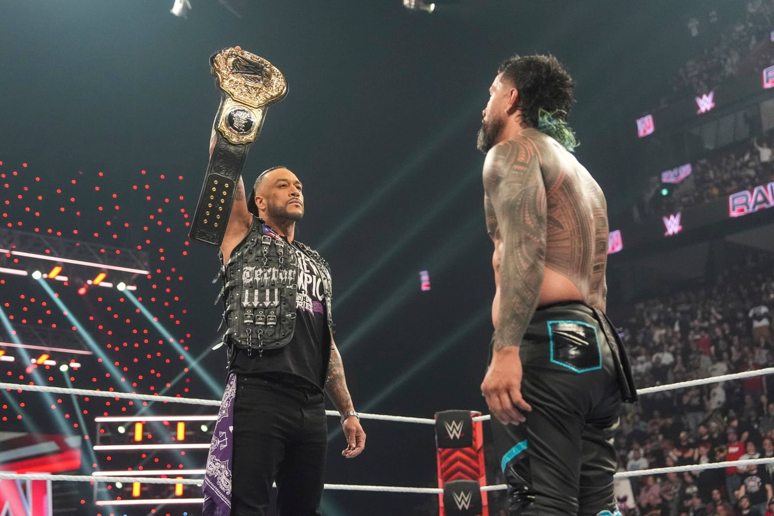 MONTREAL, CANADA - APRIL 15: WWE World Champion Damian Priest faces off with Jay Uso during Monday Night RAW at the Bell Centre on April 15, 2024 in Montreal, Canada.  (Photo by WWE/Getty Images)