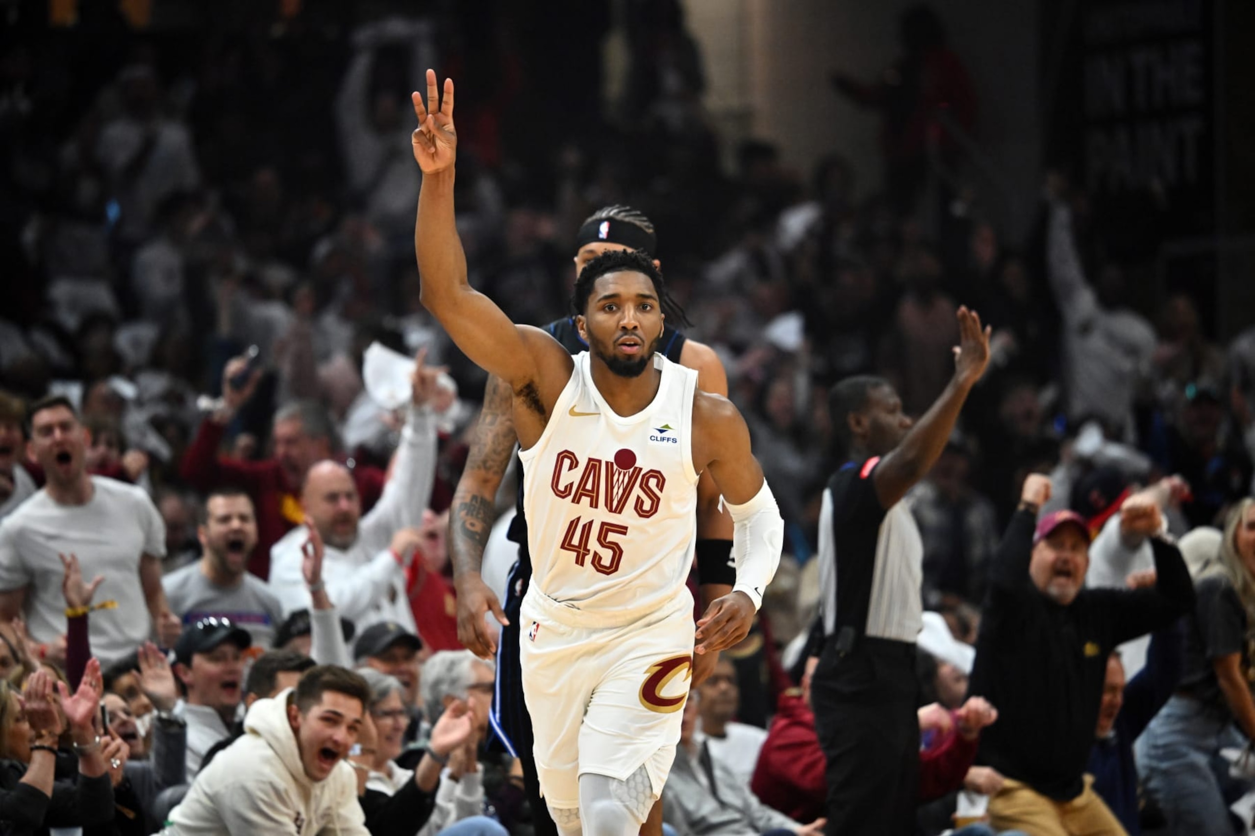 CLEVELAND, OHIO - APRIL 20: Donovan Mitchell #45 of the Cleveland Cavaliers celebrates after scoring during the first quarter of game one of the Eastern Conference First Round Playoffs against the Orlando Magic at Rocket Mortgage Fieldhouse on April 20, 2024 in Cleveland, Ohio. NOTE TO USER: User expressly acknowledges and agrees that, by downloading and or using this photograph, User is consenting to the terms and conditions of the Getty Images License Agreement. (Photo by Jason Miller/Getty Images)