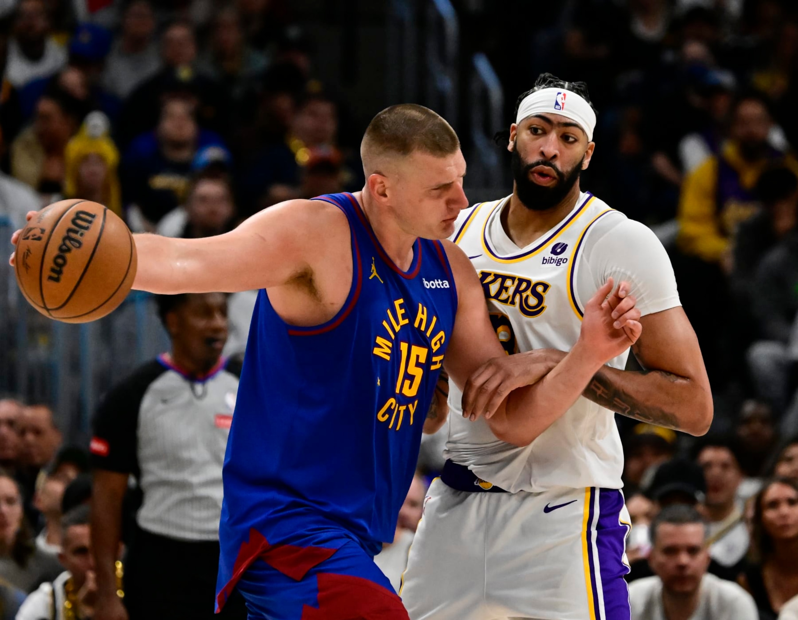 DENVER, CO - APRIL 20: Denver Nuggets center Nikola Jokic (15) heads up court against Los Angeles Lakers forward Anthony Davis (3) in the fourth quarter during the first round of the NBA playoffs at Ball Arena in Denver, Colorado on Saturday, April 20, 2024. (Photo by Andy Cross/MediaNews Group/The Denver Post via Getty Images) DENVER, CO - APRIL 20: Denver Nuggets center Nikola Jokic (15) heads up court against Los Angeles Lakers forward Anthony Davis (3) in the fourth quarter during the first round of the NBA playoffs at Ball Arena in Denver, Colorado on Saturday, April 20, 2024. (Photo by Andy Cross/MediaNews Group/The Denver Post via Getty Images)